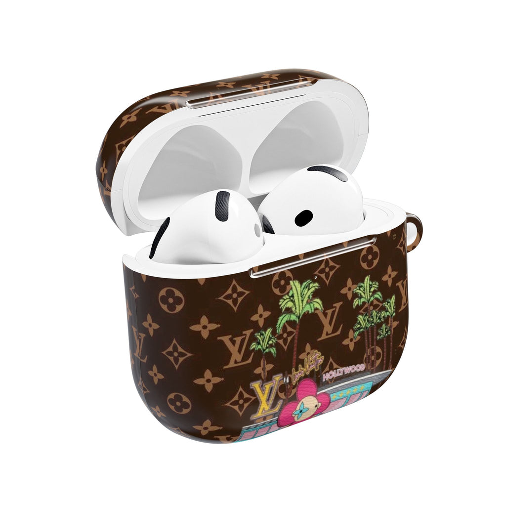 LV Hollywood AirPod case with brown monogram and colorful Hollywood patch, earbuds inside
