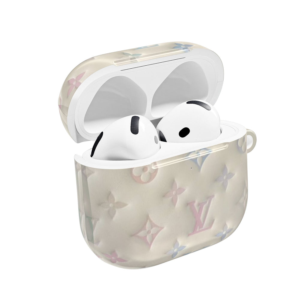 Ivory AirPods case with pastel flowers and LV monogram; open lid showing earbuds