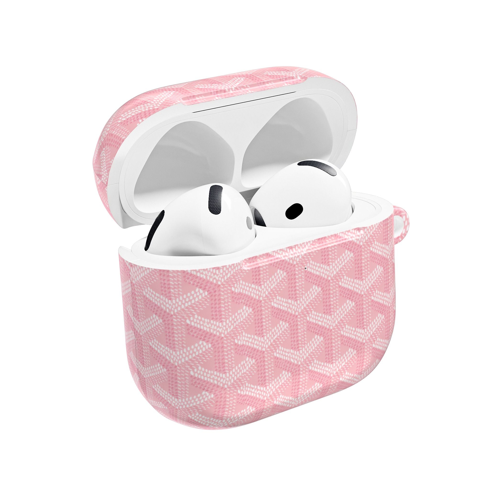 Pink AirPod case with white Goyard pattern, open for AirPods, hinged lid