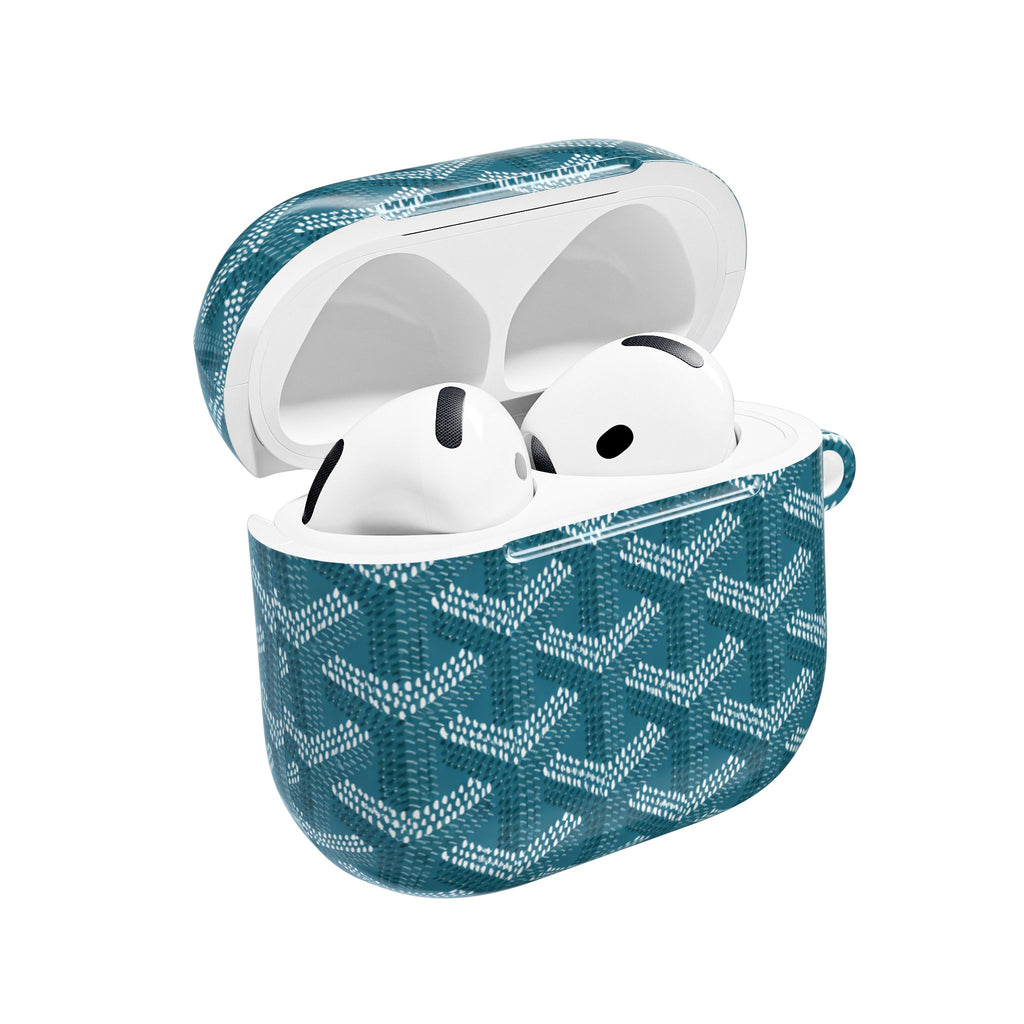 Teal Goyard AirPods case open with white earbuds, geometric pattern