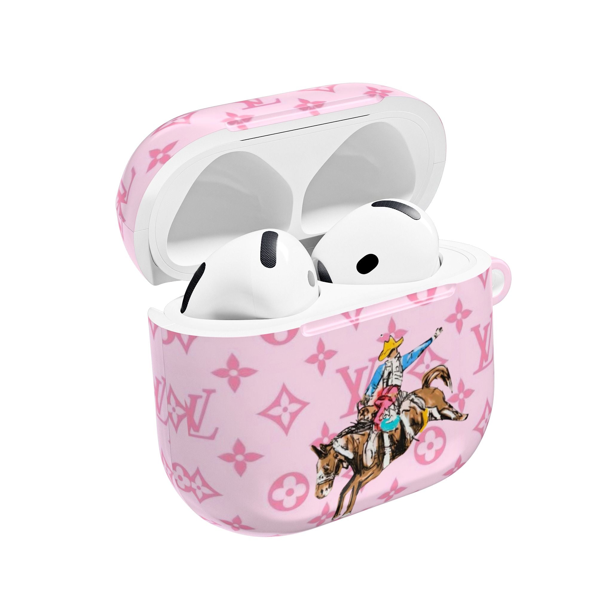 Pink AirPods case with horse cowboy graphic and LV monogram pattern, open for earbuds