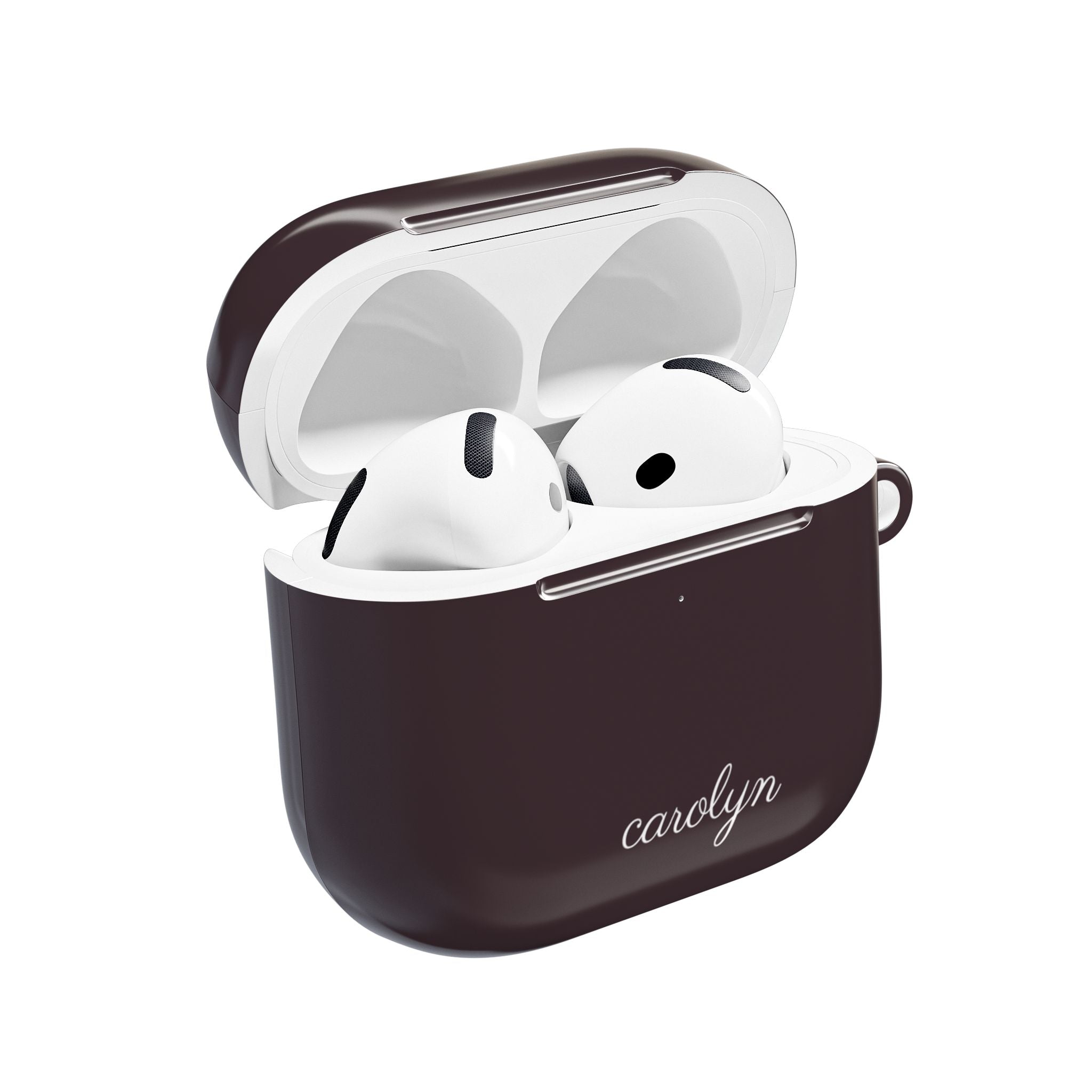 Plum AirPods case with white 'carolyn' name on front, open for earbuds