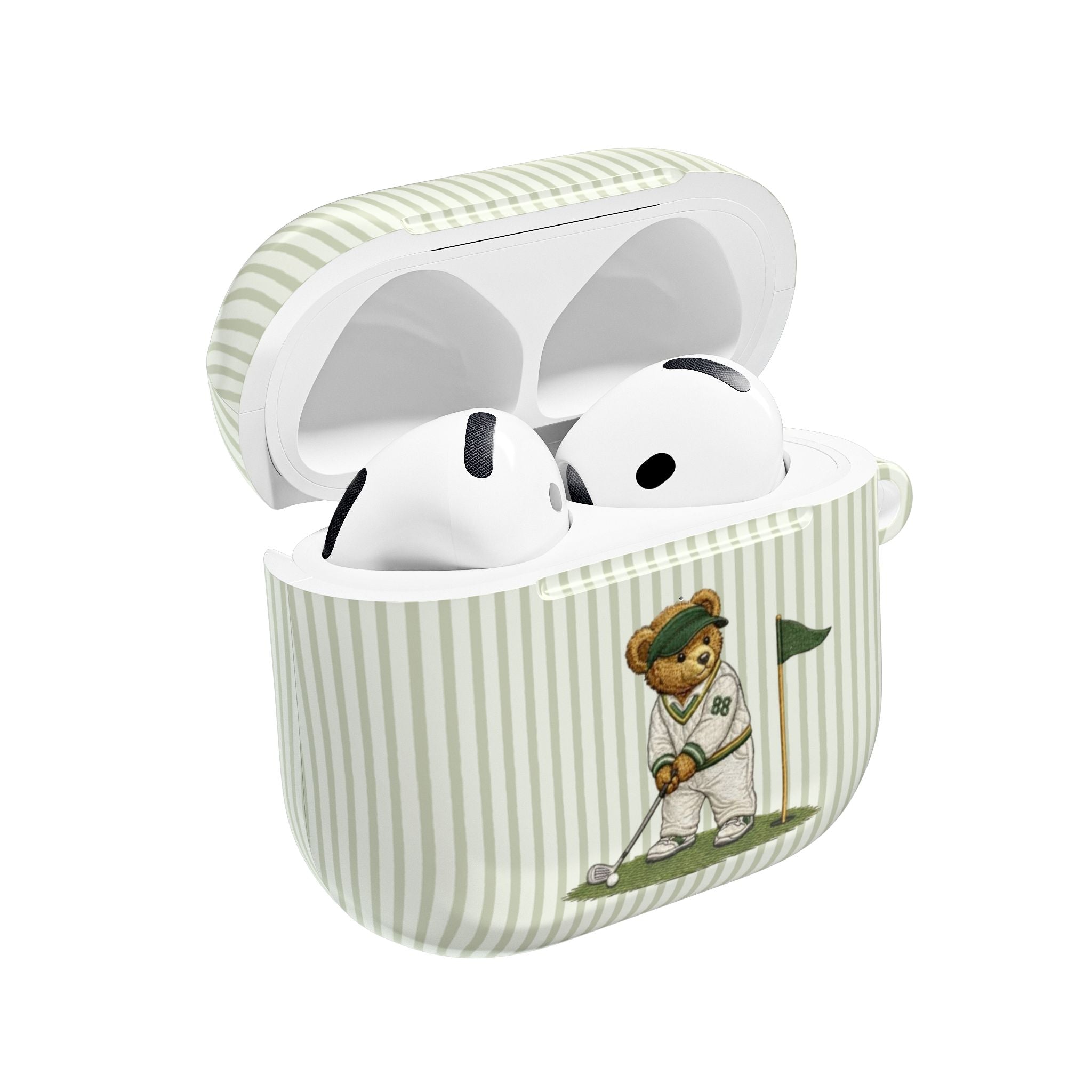 Green striped AirPods case with teddy golfer patch and open lid, showing white earbuds