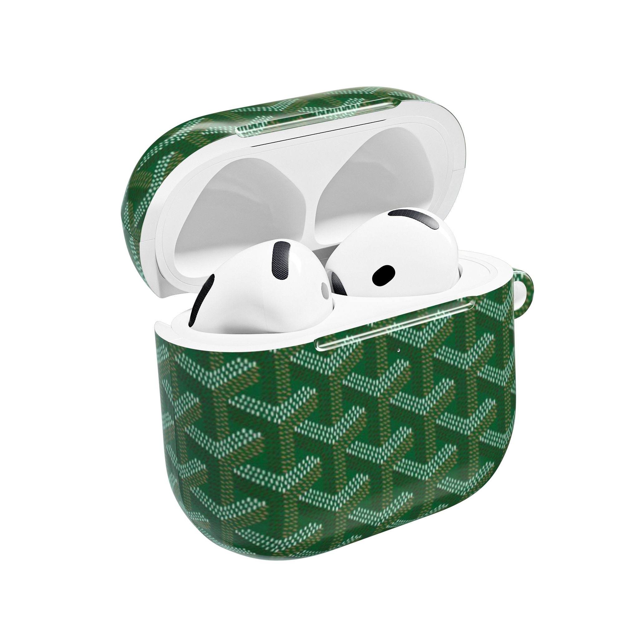 Green AirPods case with geometric pattern, lid open showing earbuds
