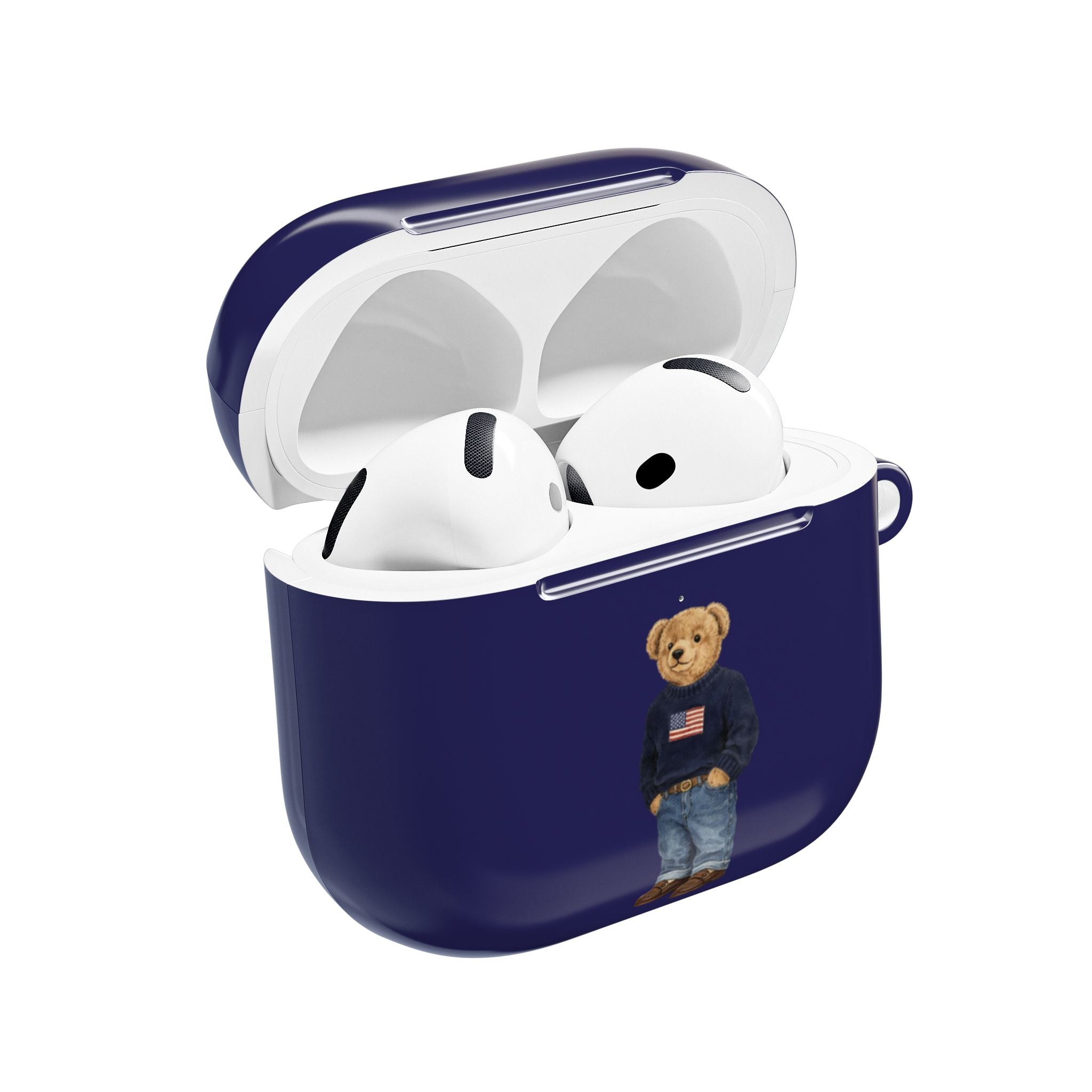 Navy blue AirPods case with open lid, teddy bear graphic, and AirPods inside