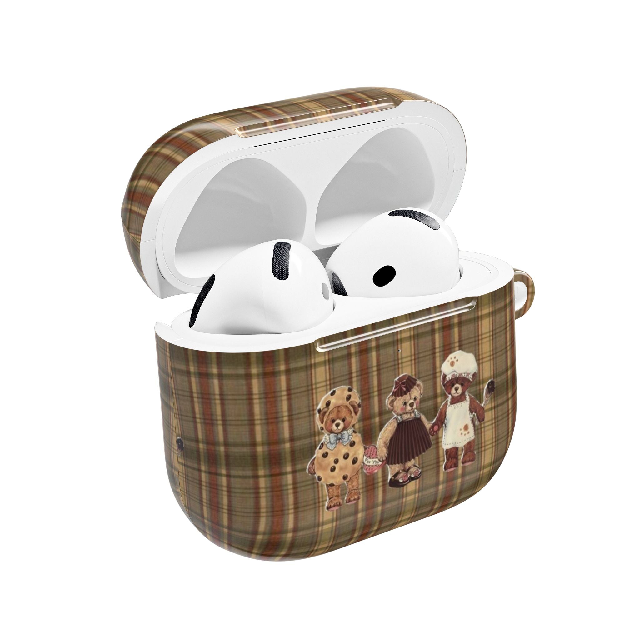 Brown plaid AirPods case with teddy bear appliques, open view and white interior