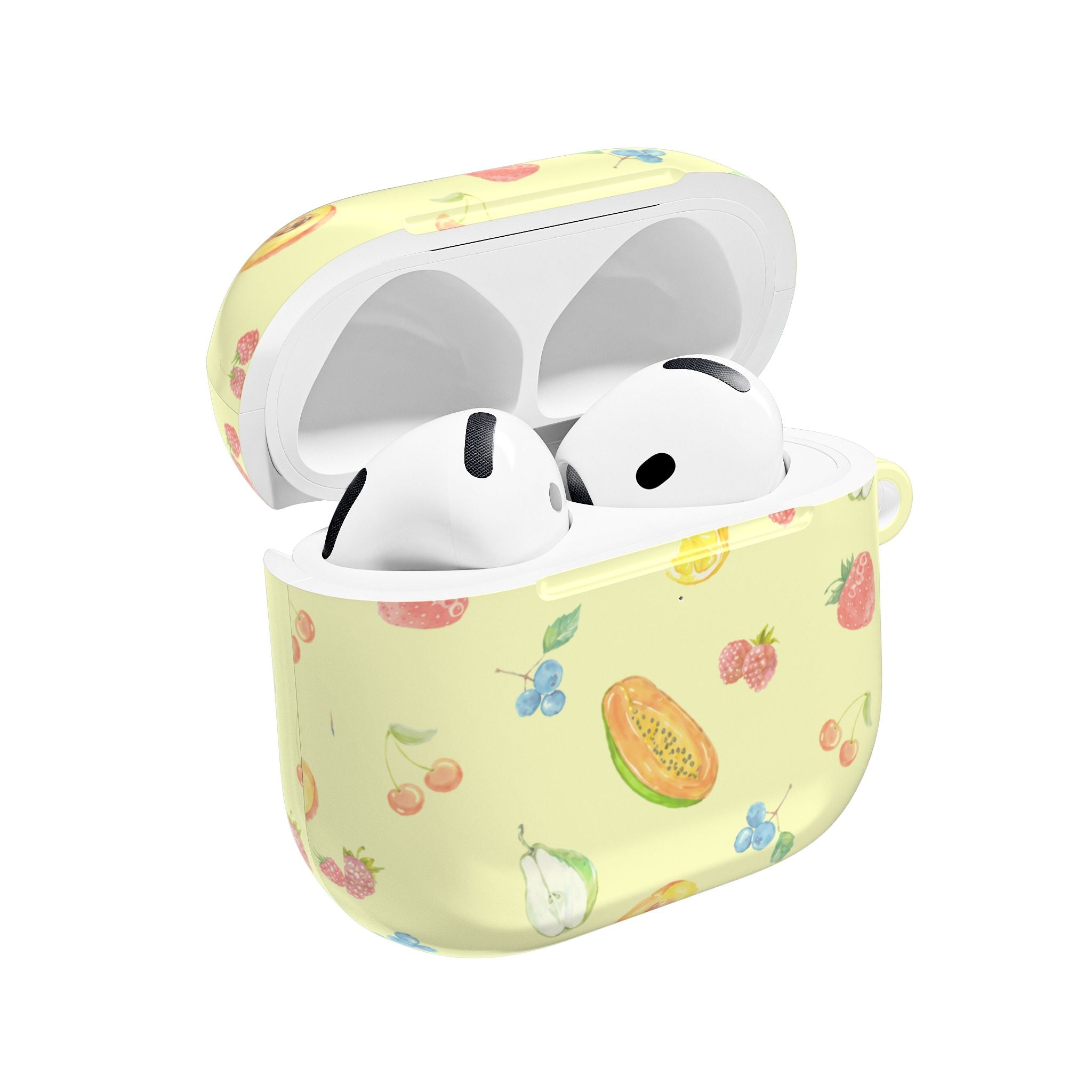 AirPods case with yellow fruit pattern, open lid showing white earbuds.