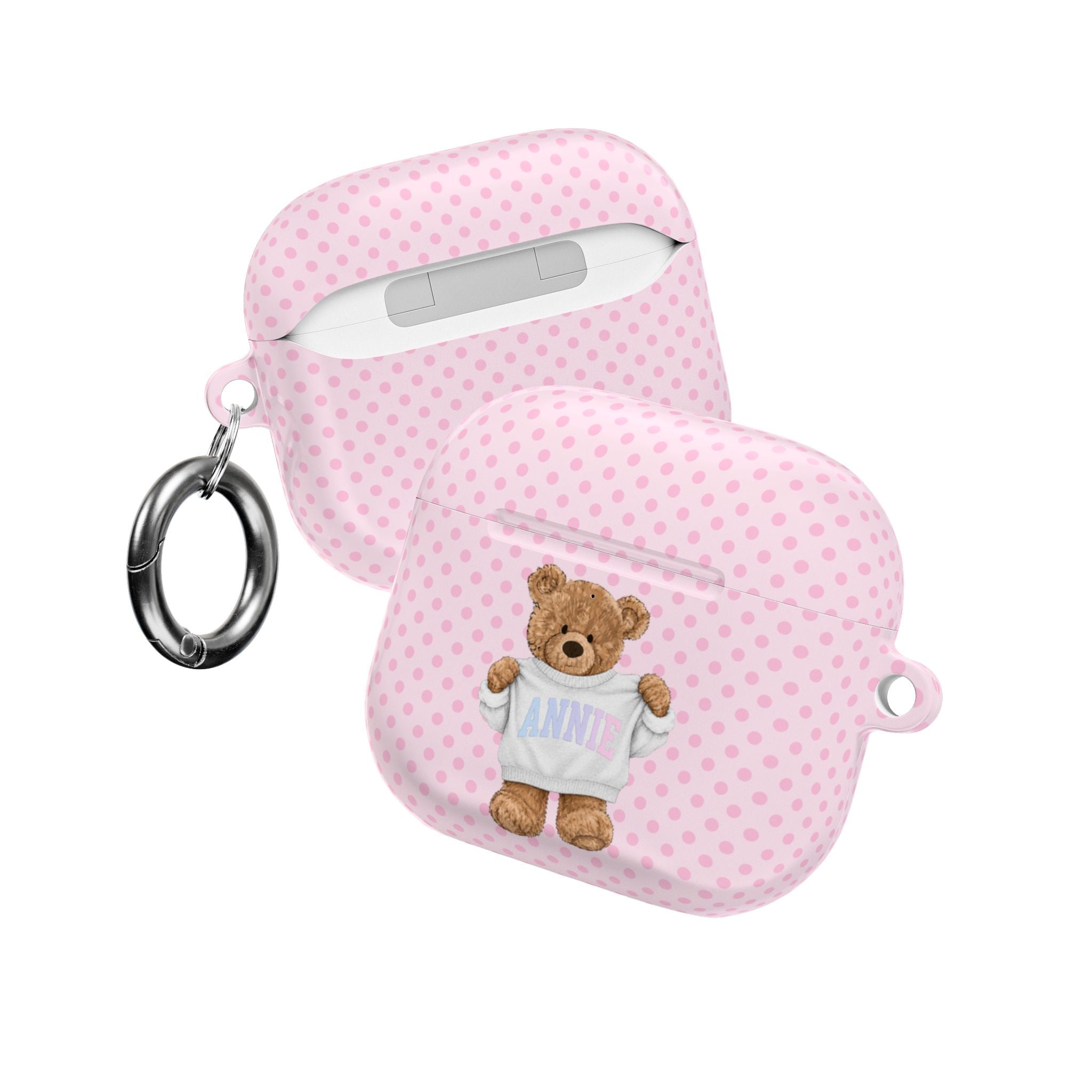 PERSONALIZED VARSITY SWEATER PINK POLKA DOTS CUSTOM TEDDY BEAR NAME AIRPOD CASE