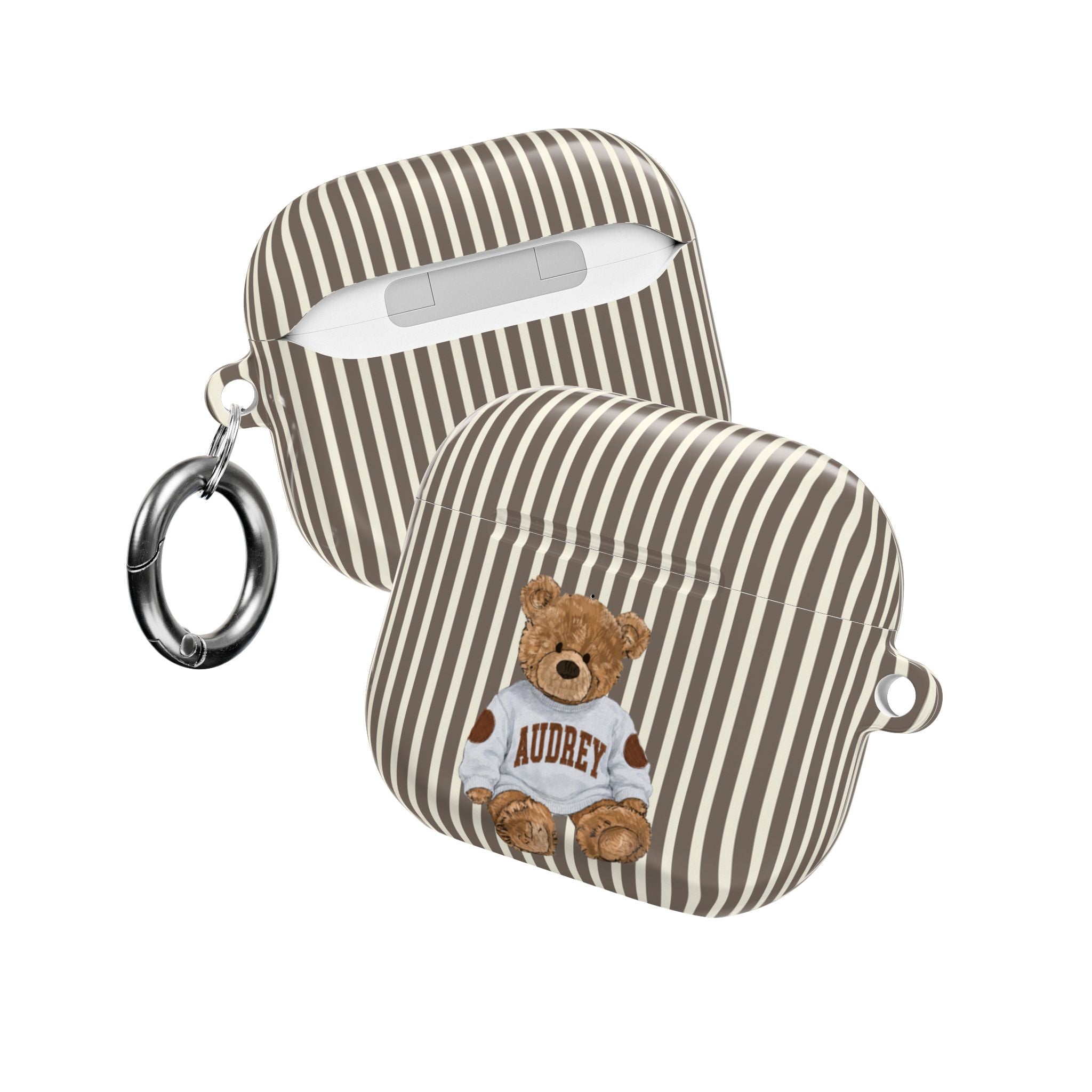 Brown-and-cream striped AirPods case with teddy bear graphic and keyring loop