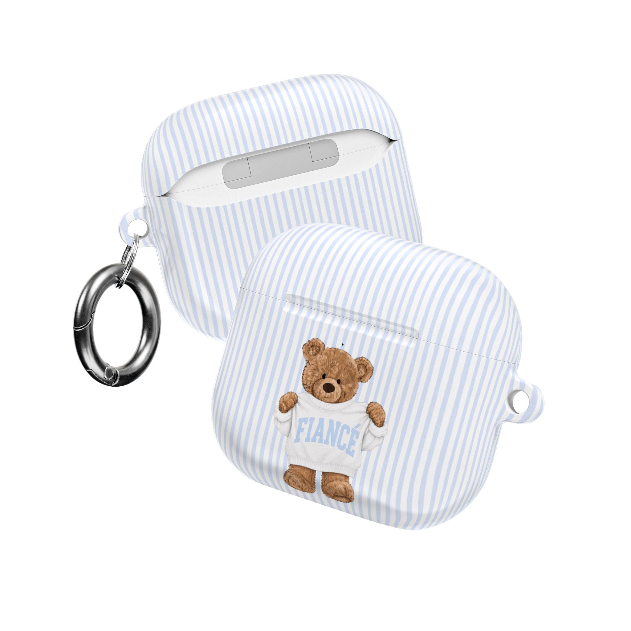 PERSONALIZED VARSITY SWEATER BLUE STRIPES CUSTOM TEDDY BEAR FIANCE NAME AIRPOD CASE
