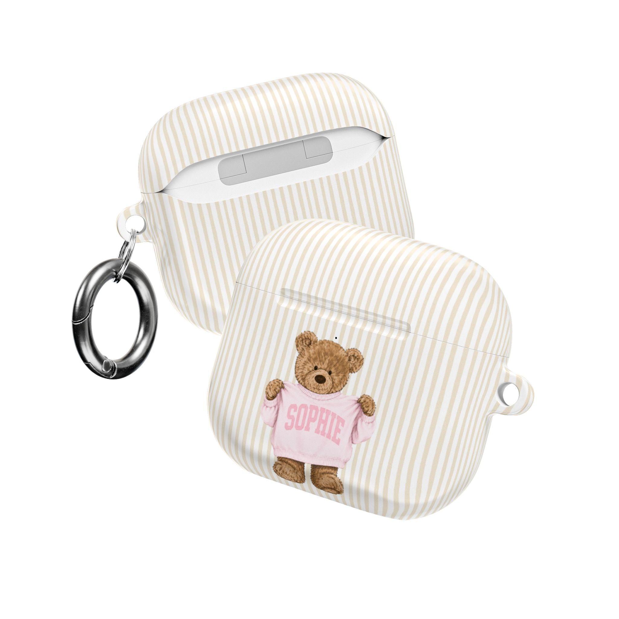 PERSONALIZED VARSITY SWEATER BEIGE STRIPES CUSTOM TEDDY BEAR NAME AIRPOD CASE
