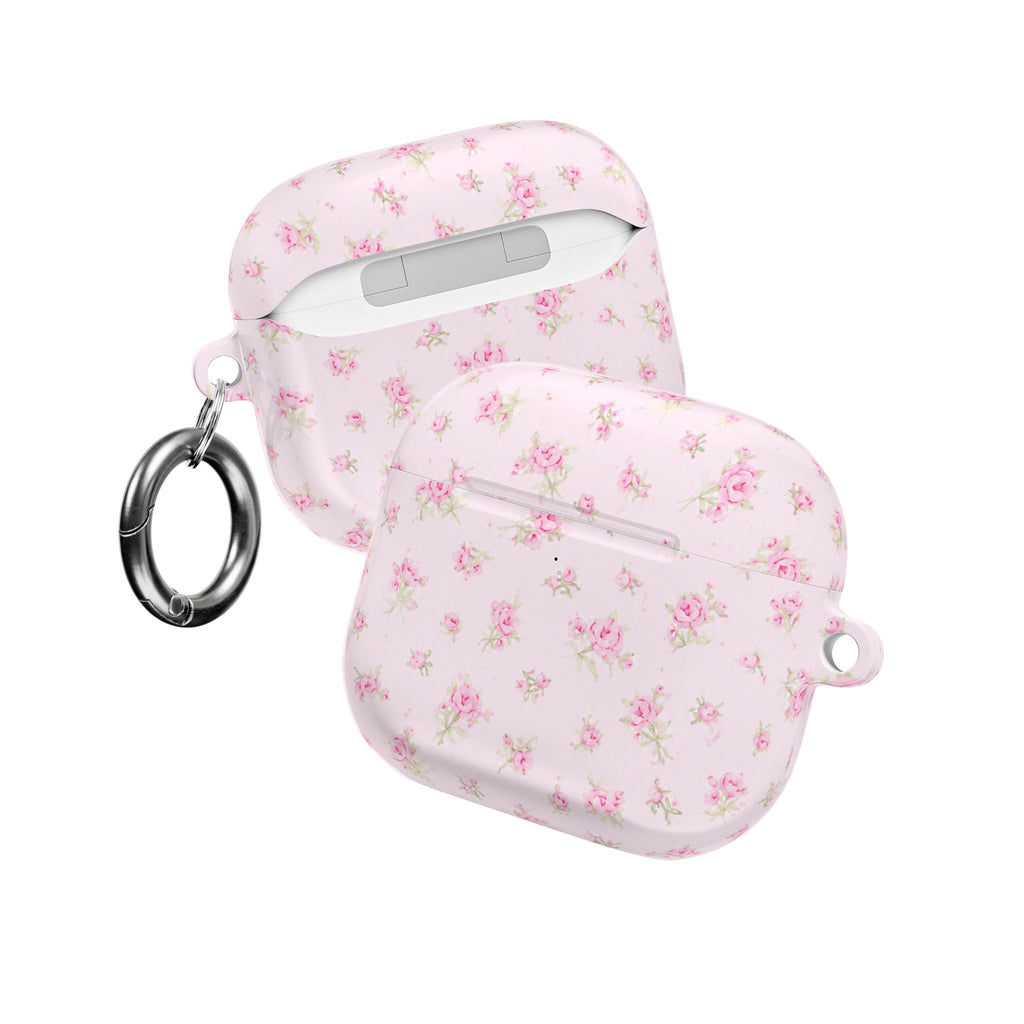 Light pink floral AirPod case with lanyard keyring and earbud cutouts