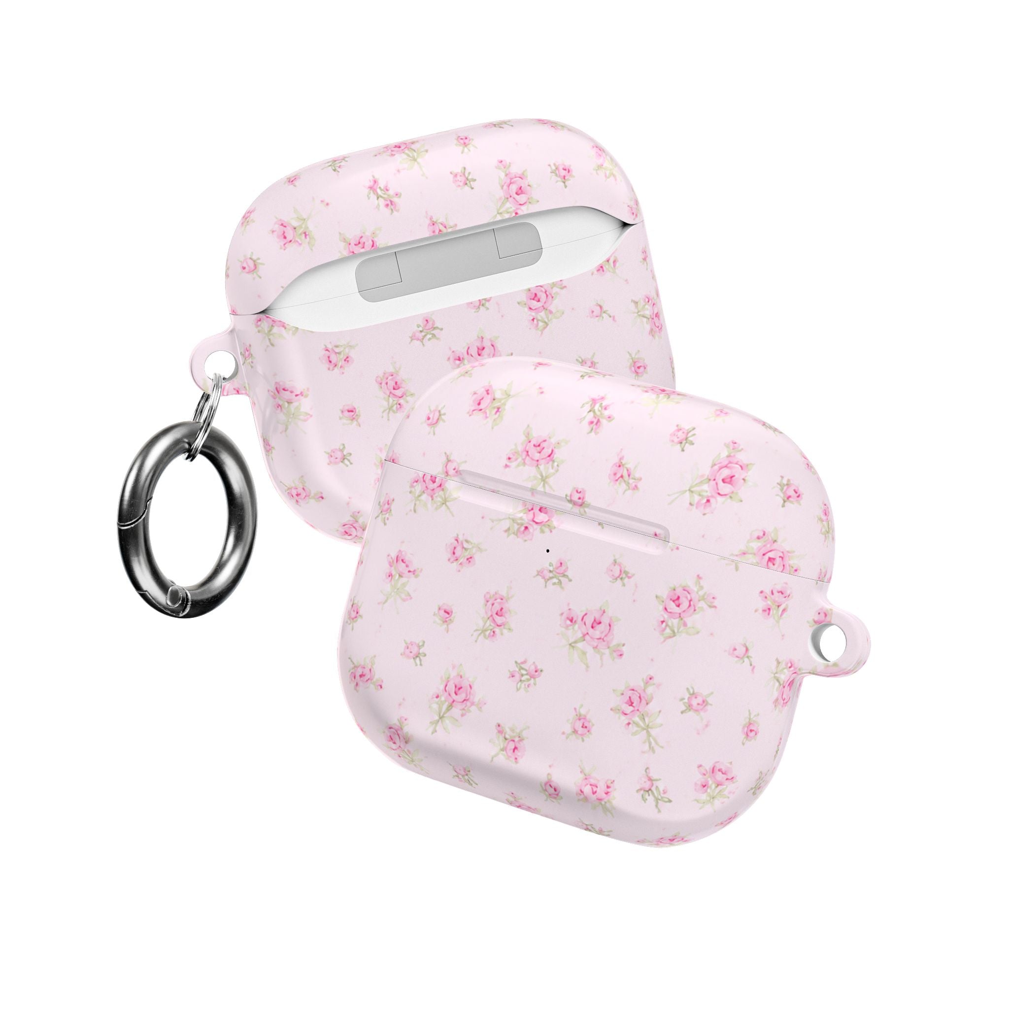 Light pink floral AirPod case with lanyard keyring and earbud cutouts