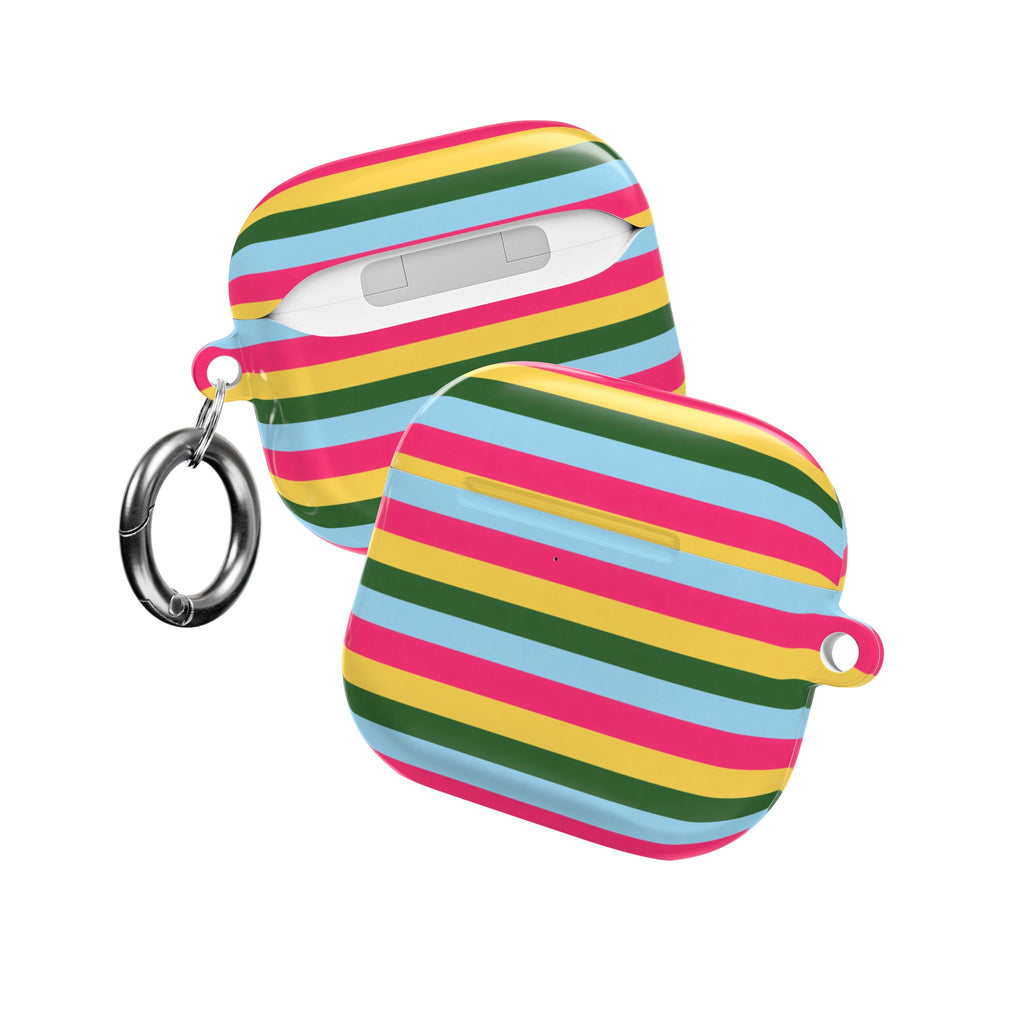 Striped AirPods case with metal keyring loop, angled front view