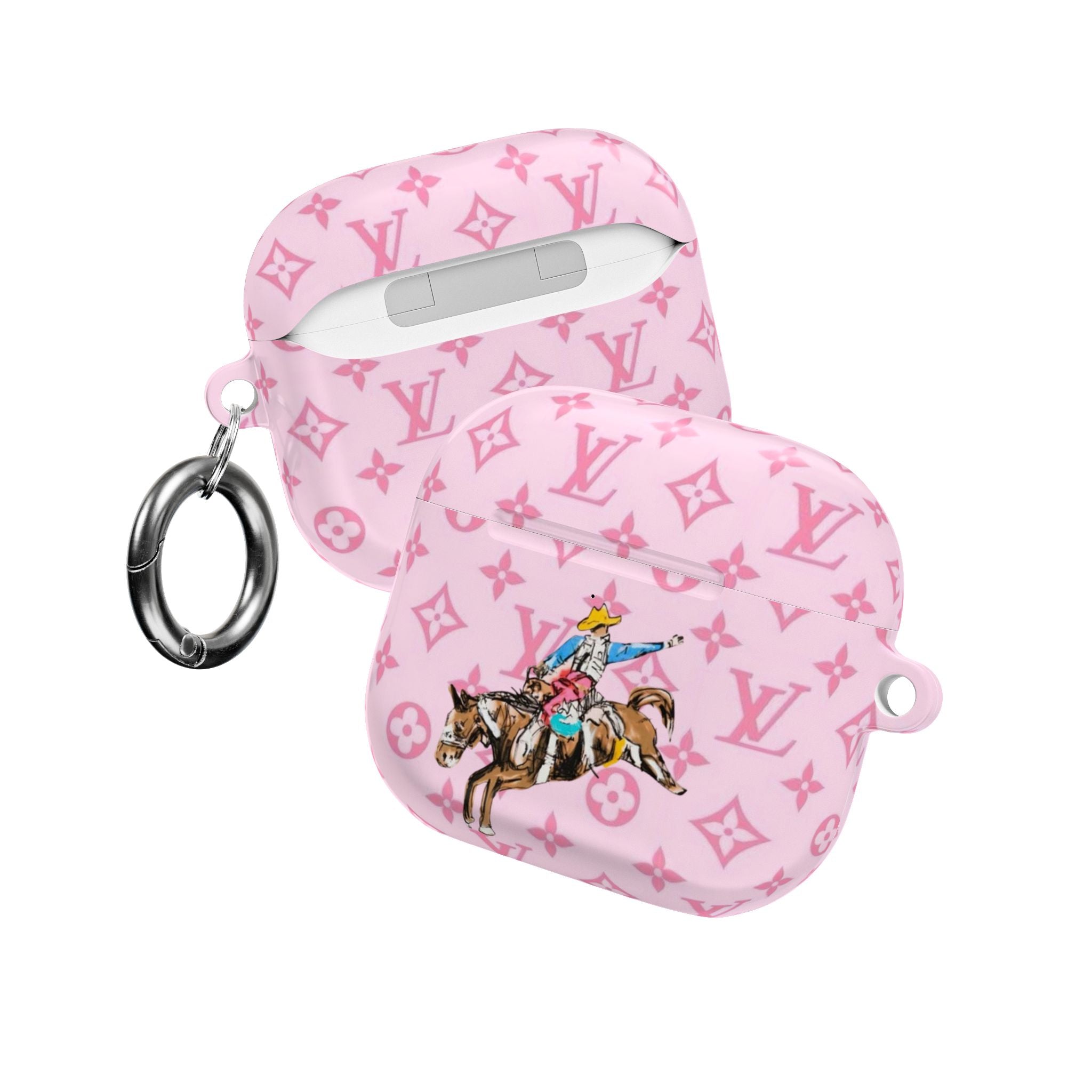 Pink AirPods case with LV monogram pattern, horse cowboy graphic, with lanyard hook