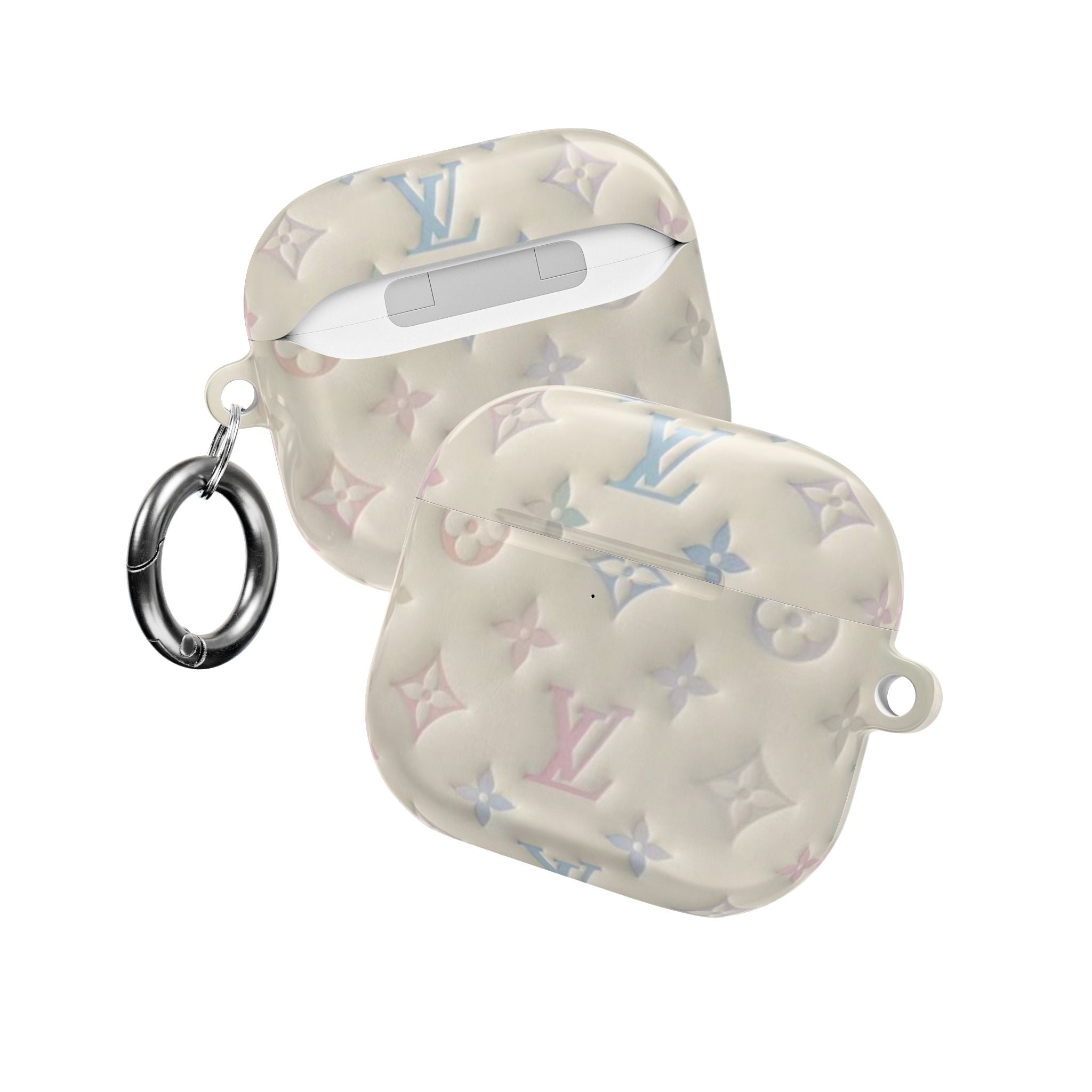 Ivory AirPods case with pastel floral pattern, LV monograms, and metal ring loop