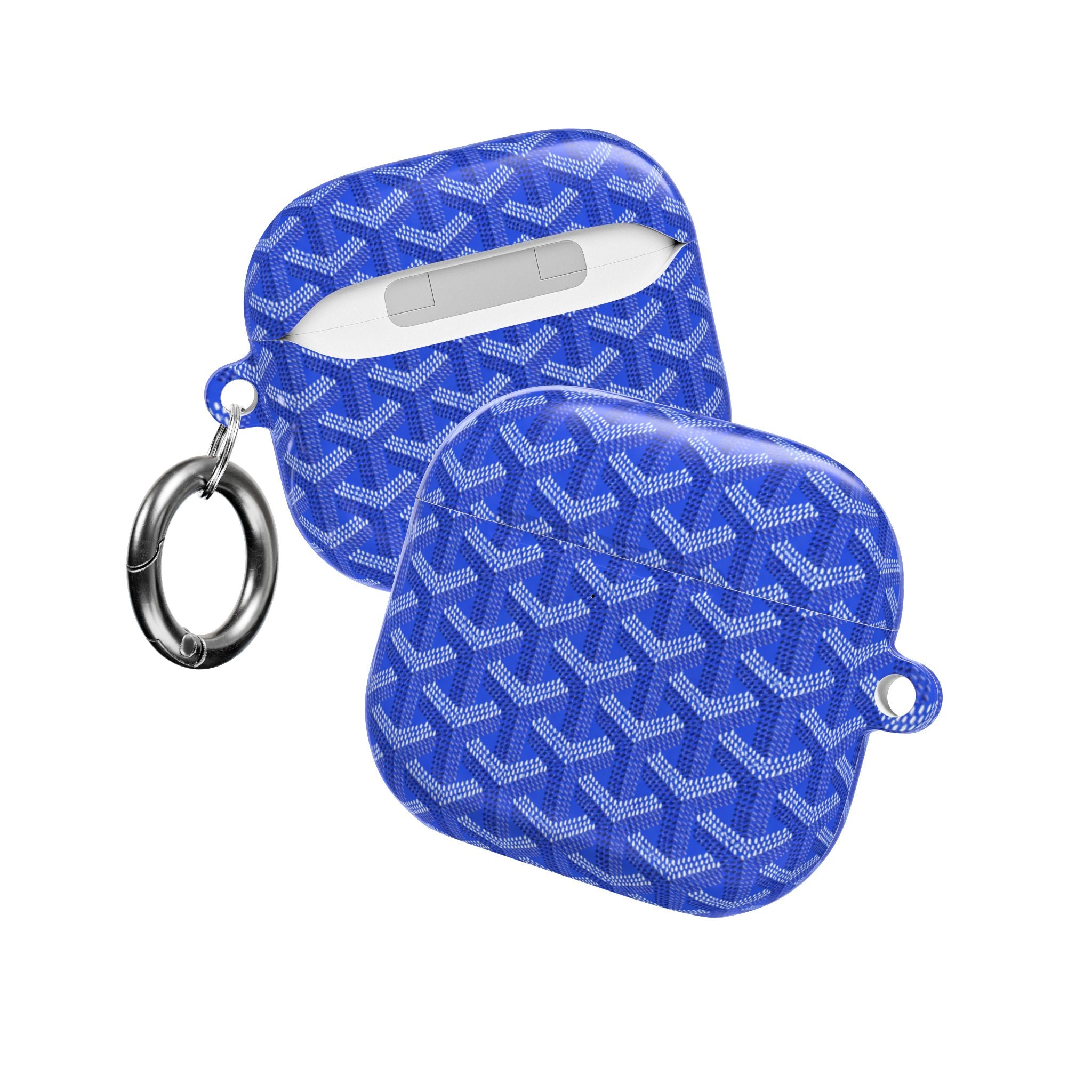 Goyard AirPods case, royal blue with white pattern, open lid and side keyring hook