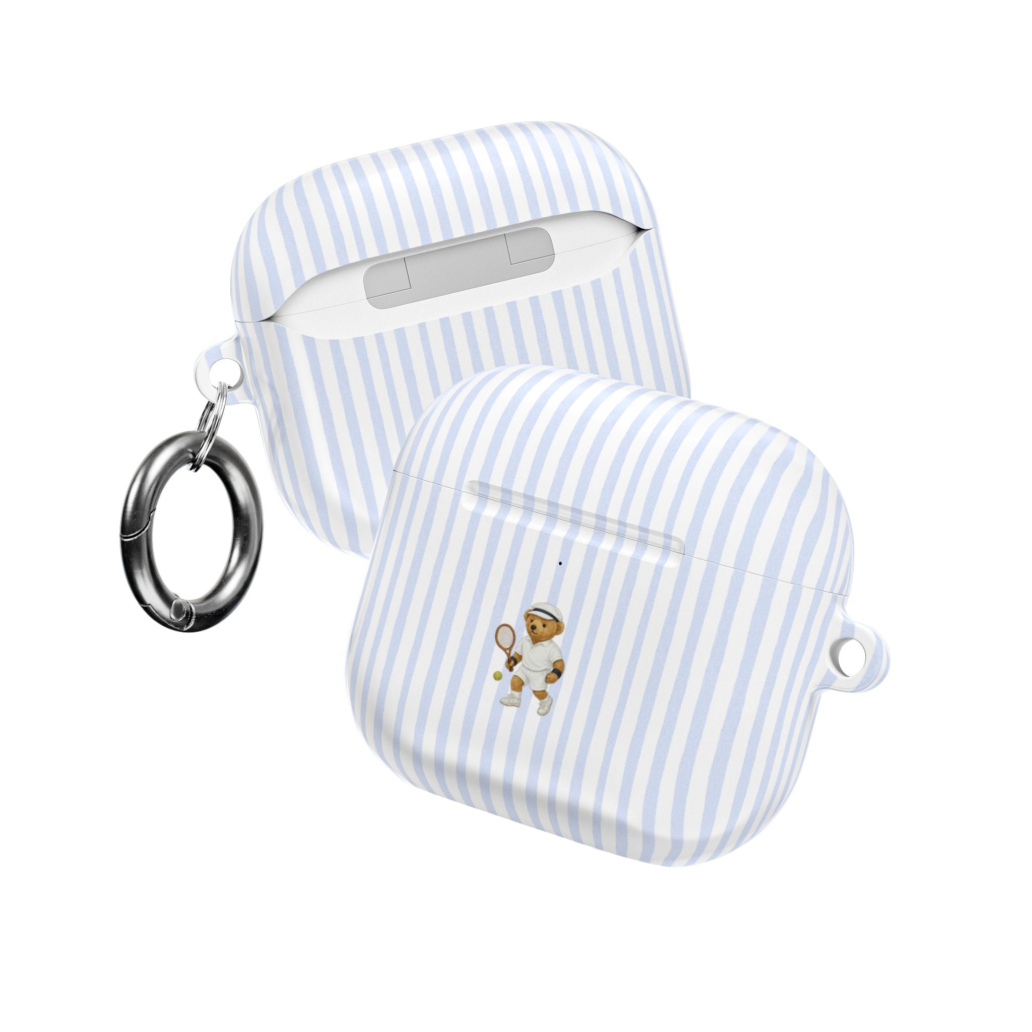 Light blue striped AirPods case with teddy bear tennis print and detachable keyring
