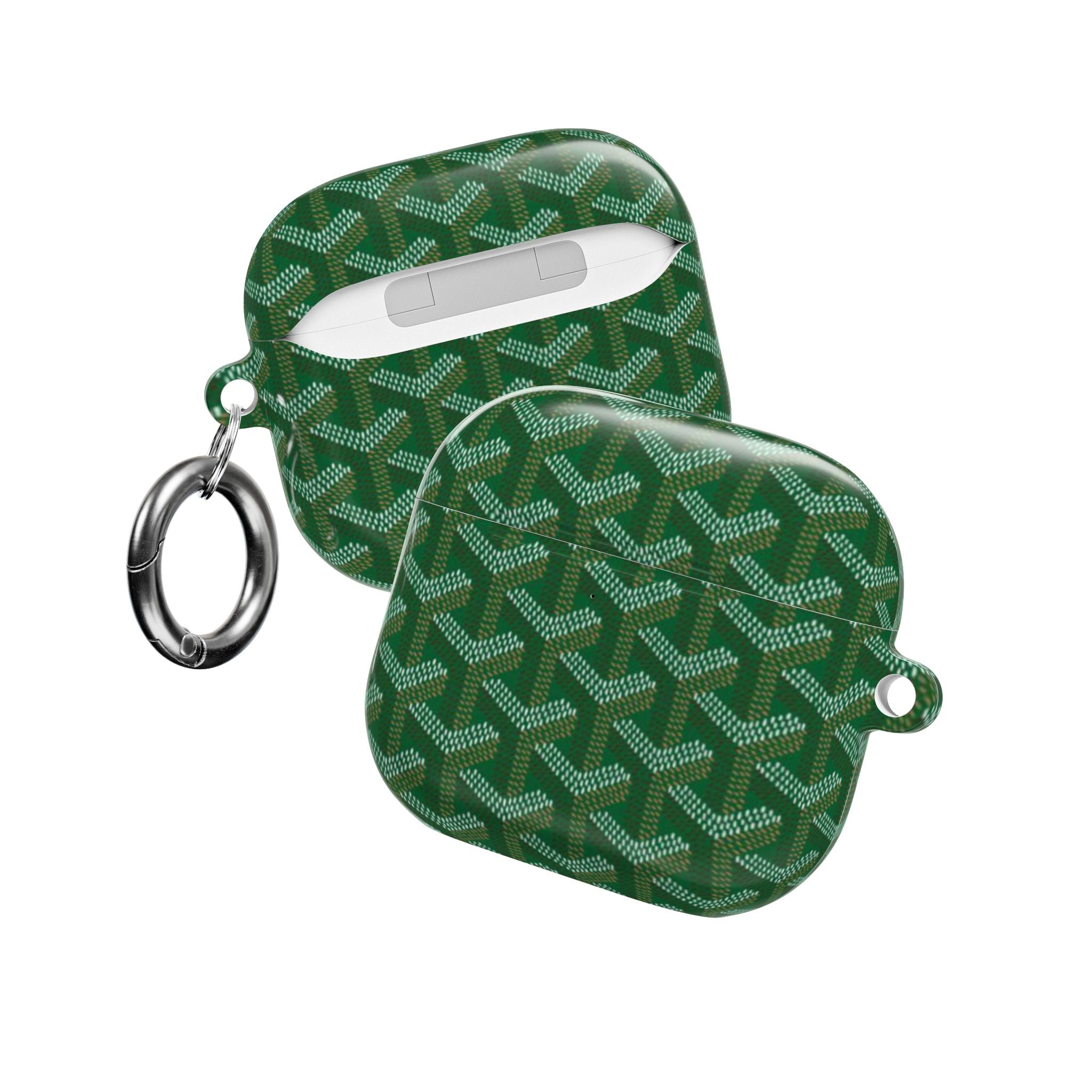 Green AirPods case with geometric pattern, open lid and metal key ring