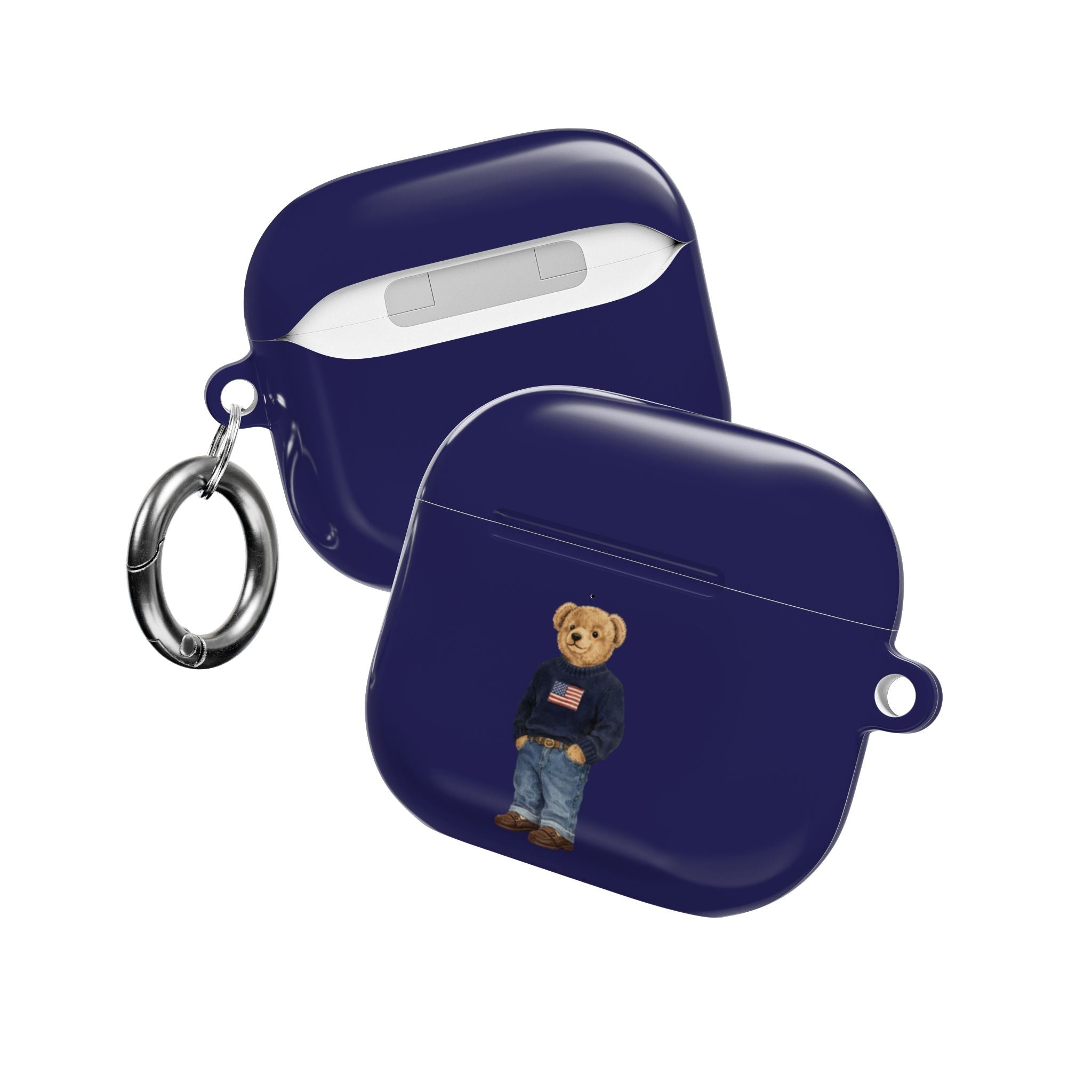 Navy blue AirPods case with teddy bear graphic and silver key ring