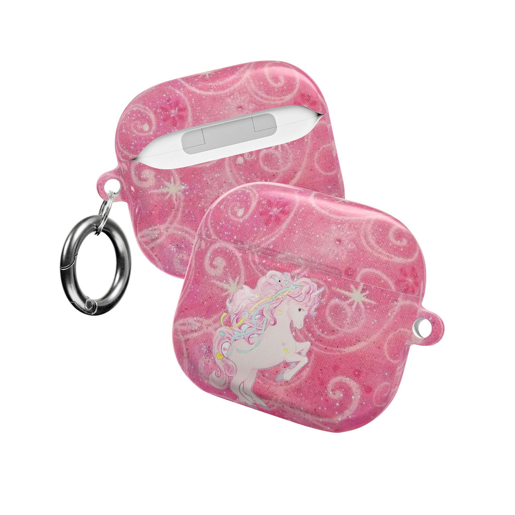 Pink glitter unicorn AirPods case with snap keyring and top charging cutout