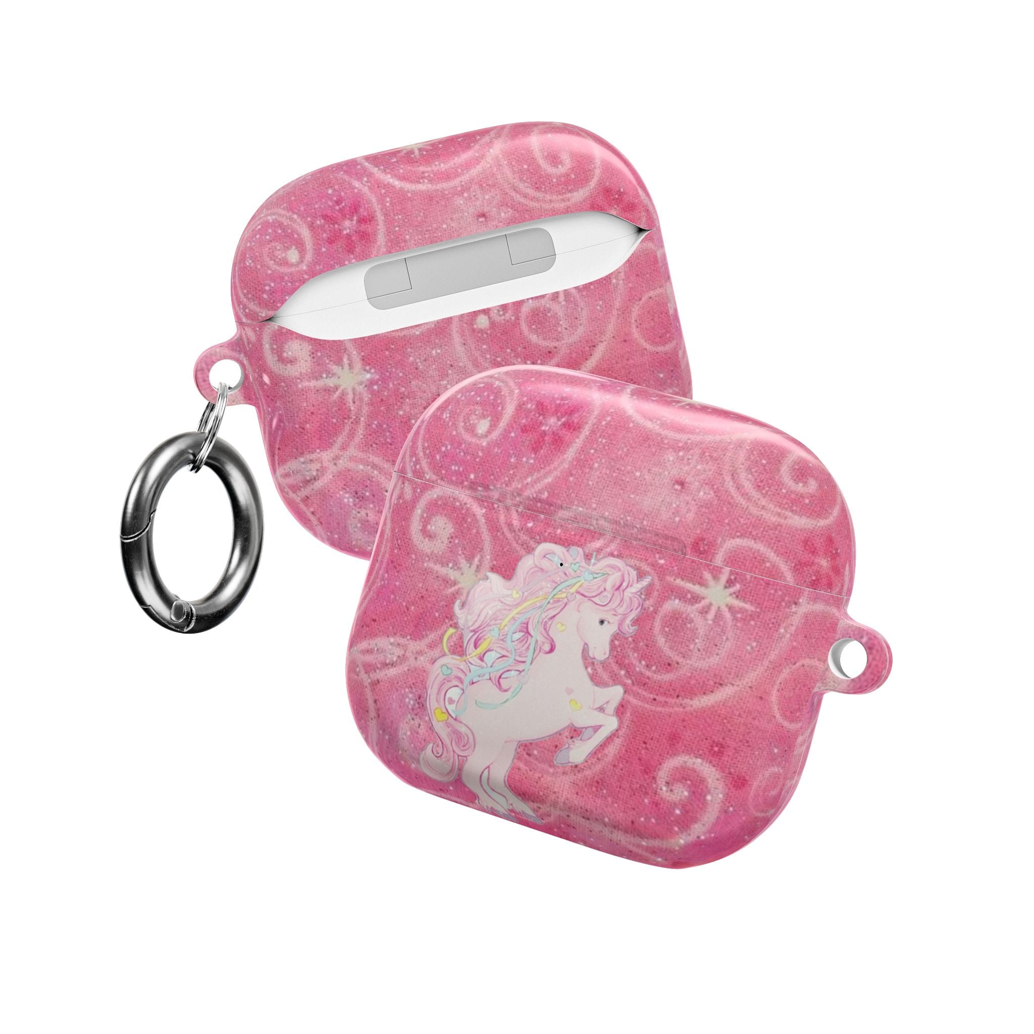 Pink glitter unicorn AirPods case with snap keyring and top charging cutout