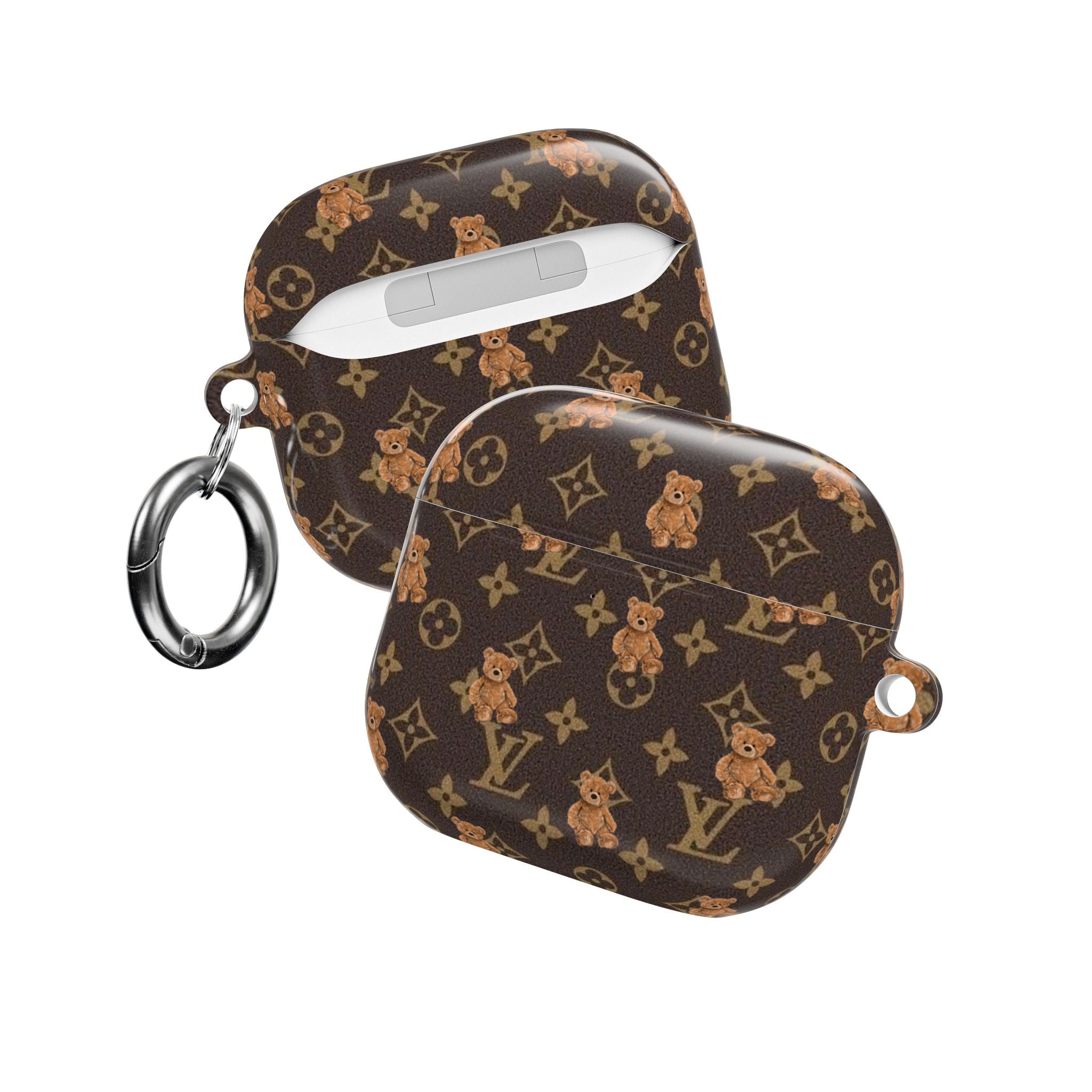 LV monogram teddy bear AirPods case with side carabiner and strap clips