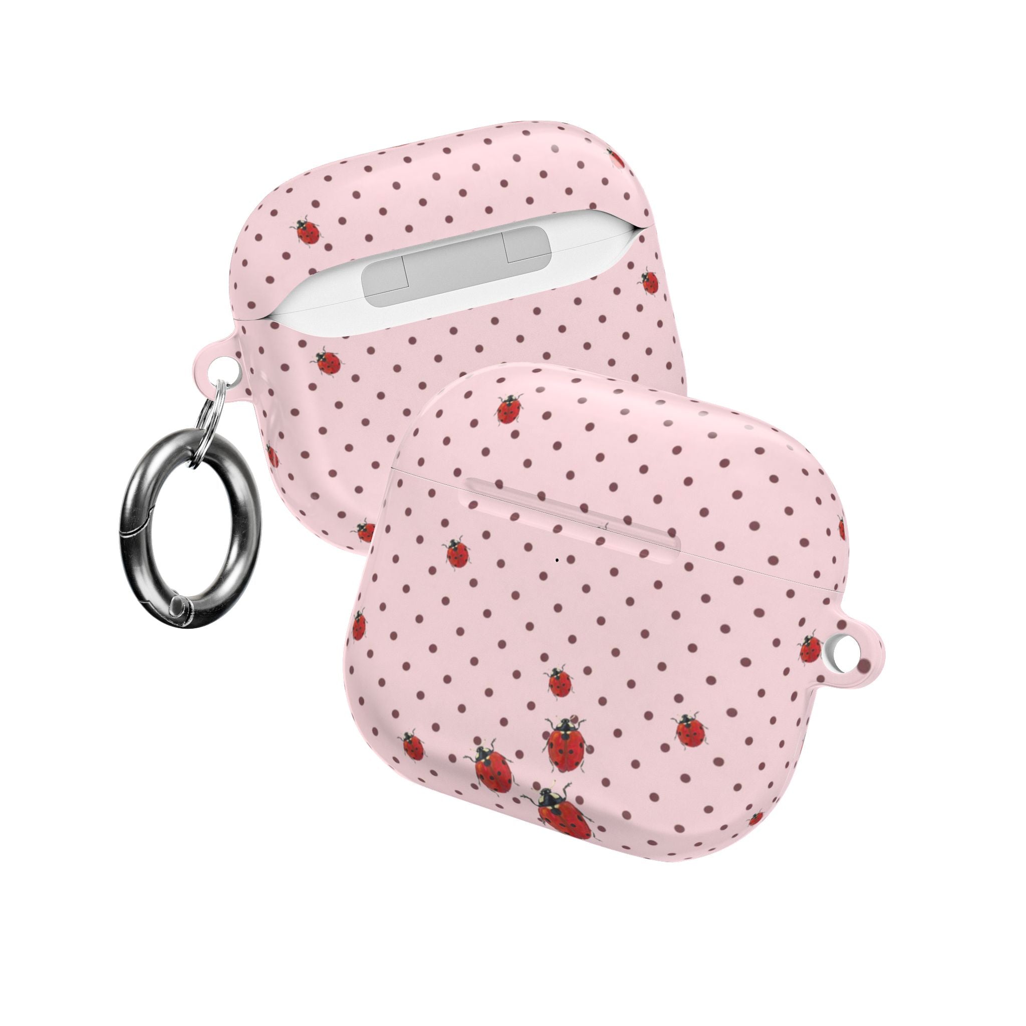 Pink polka dot AirPods case with ladybug print and top seam detail, hanging key ring