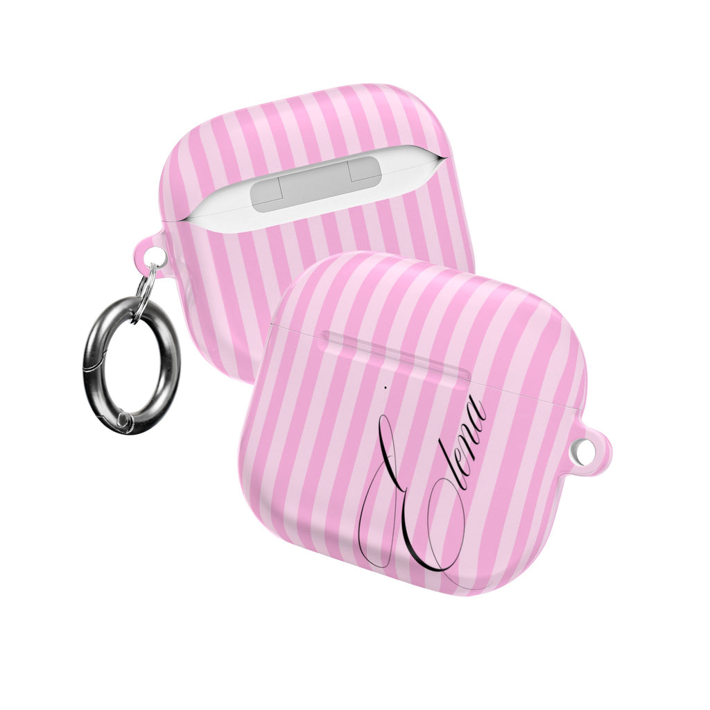 PERSONALIZED PINK STRIPES BLACK CUSTOM NAME AIRPOD CASE