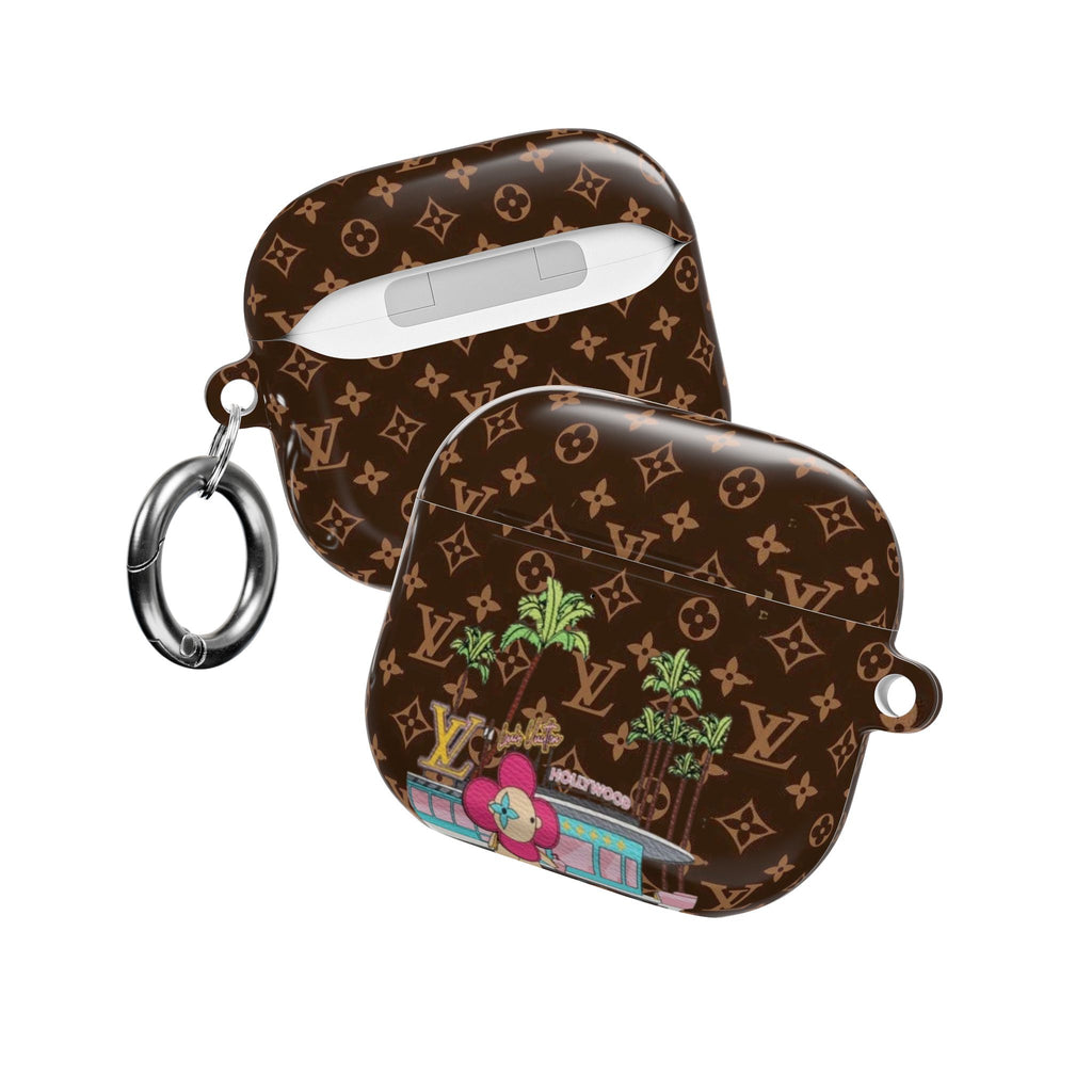 LV Hollywood AirPod case, brown monogram with colorful Hollywood patch and keyring loops