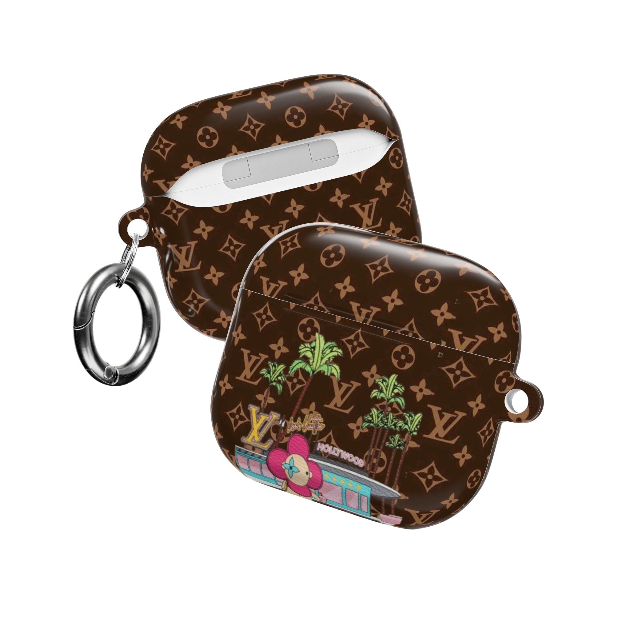 LV Hollywood AirPod case, brown monogram with colorful Hollywood patch and keyring loops