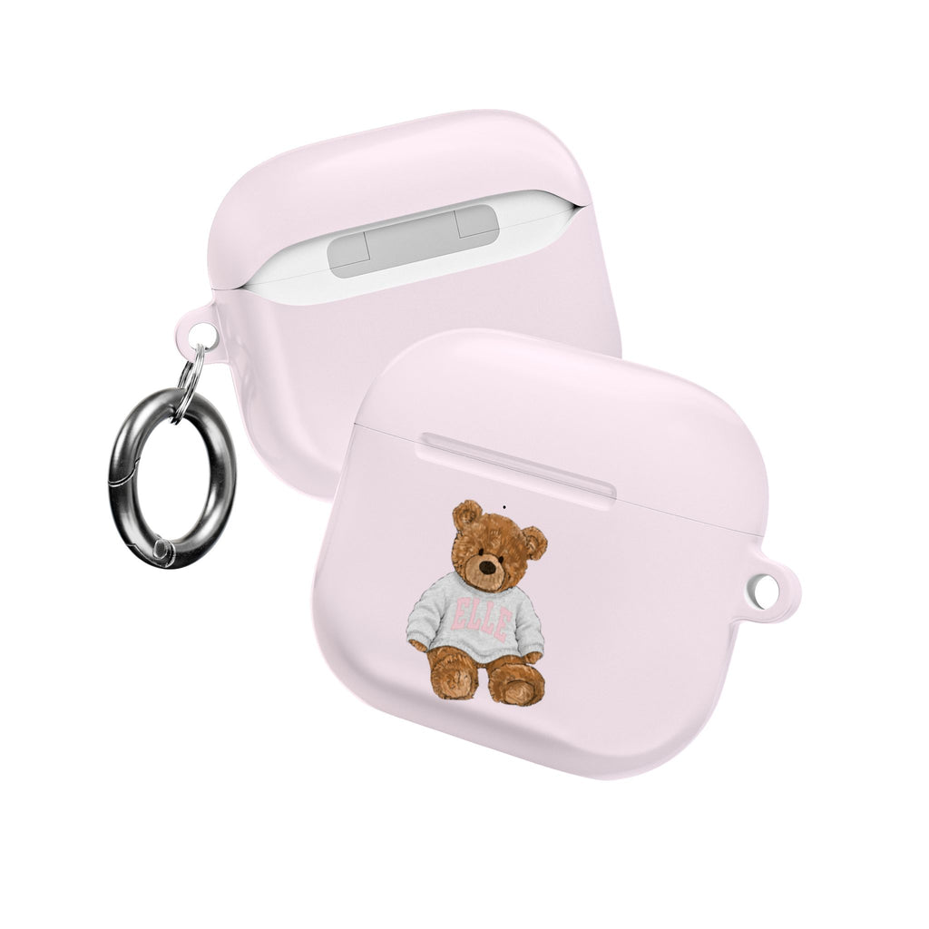 PERSONALIZED VARSITY SWEATER BABY PINK CUSTOM TEDDY BEAR NAME AIRPOD CASE