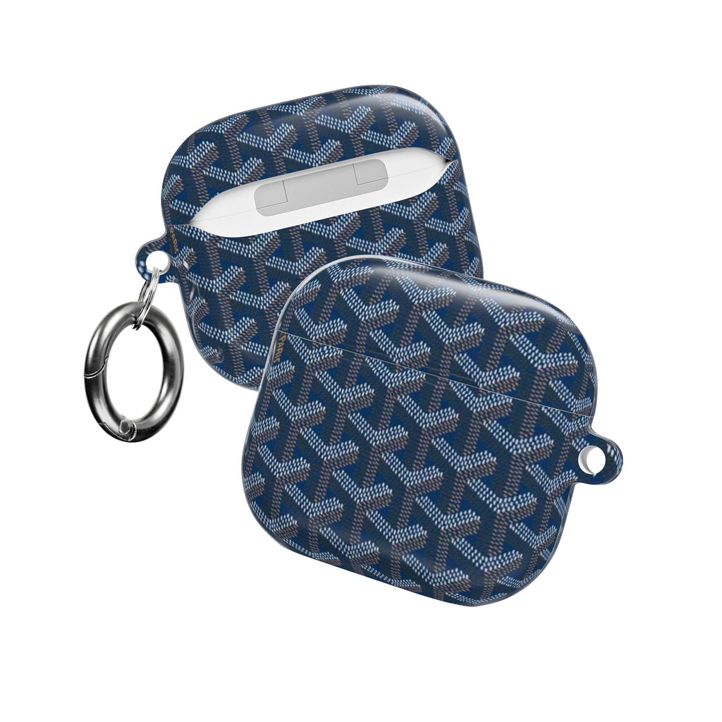 AirPods case, dark blue Goyard patterned with strap rings and open lid