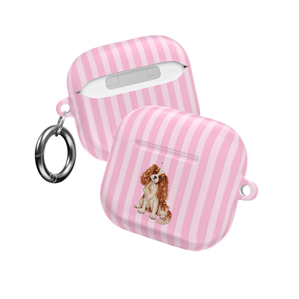 PINK STRIPES KING CHARLES CAVALIER DOG AIRPOD CASE