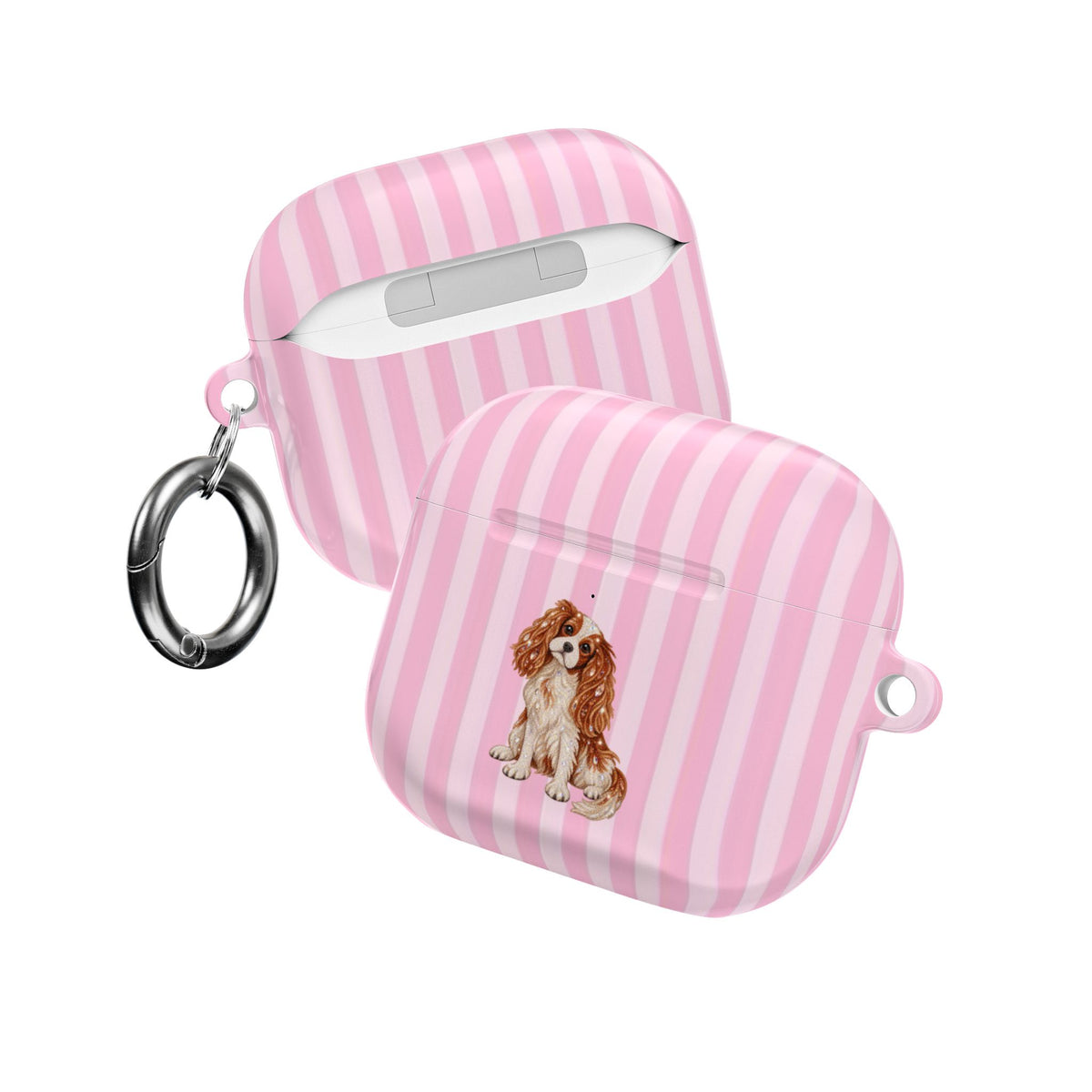 PINK STRIPES KING CHARLES CAVALIER DOG AIRPOD CASE