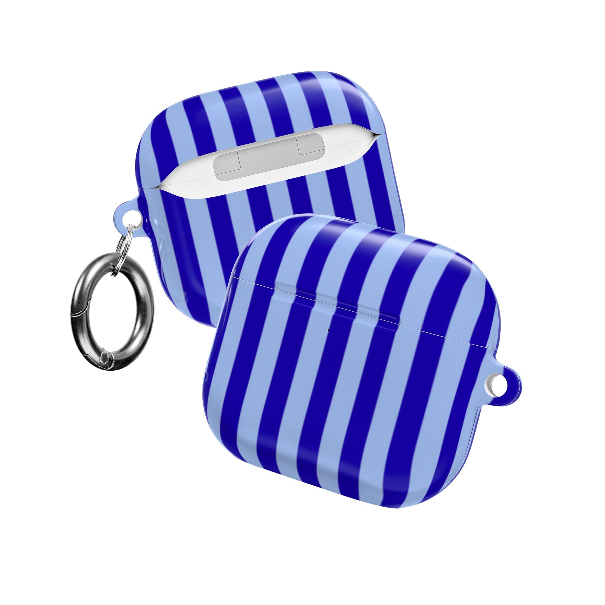 AirPods case with royal blue vertical stripes, showing strap and key ring loop