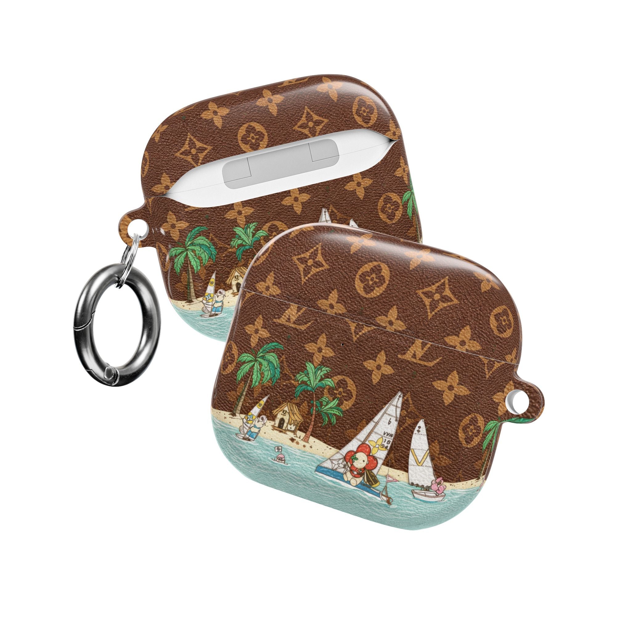 Brown AirPods case with palm-tree and sailboat scene, lanyard keyring