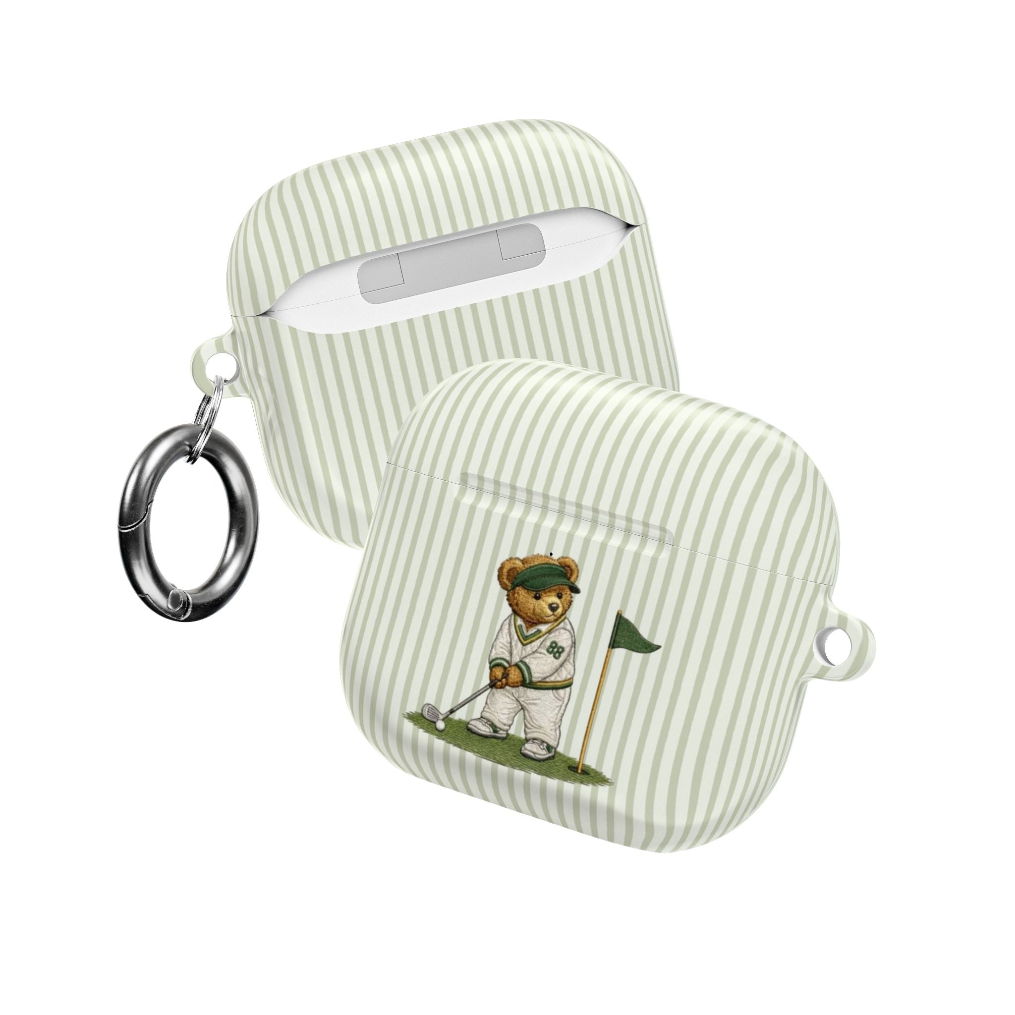 Green striped AirPods case with teddy golfer patch and metal ring, shown at an angle
