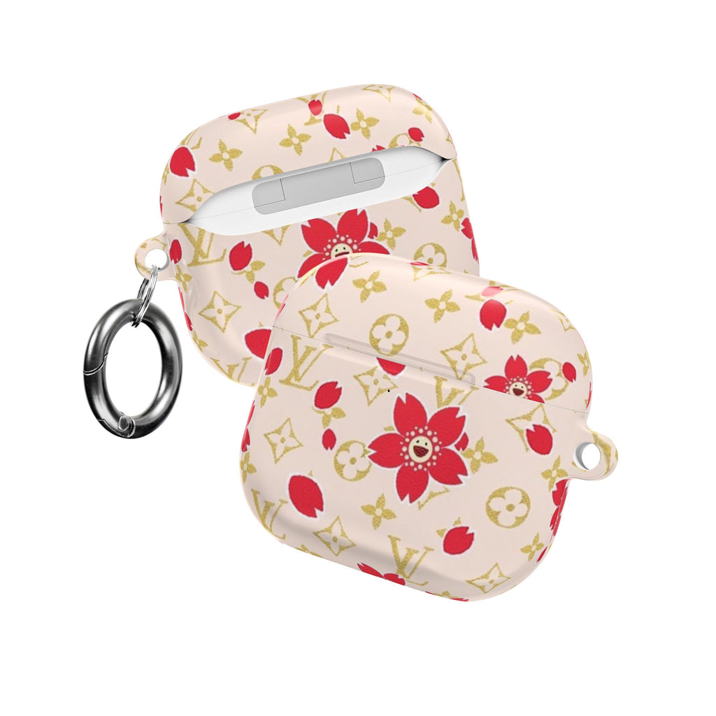 Ivory AirPods case with red floral LV print, built-in fit and silver keyring