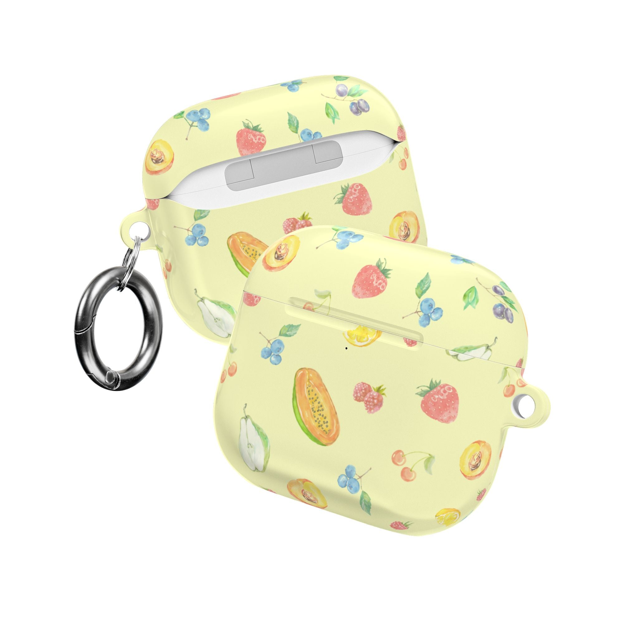 AirPods case with yellow fruit pattern, two closed cases with key rings.