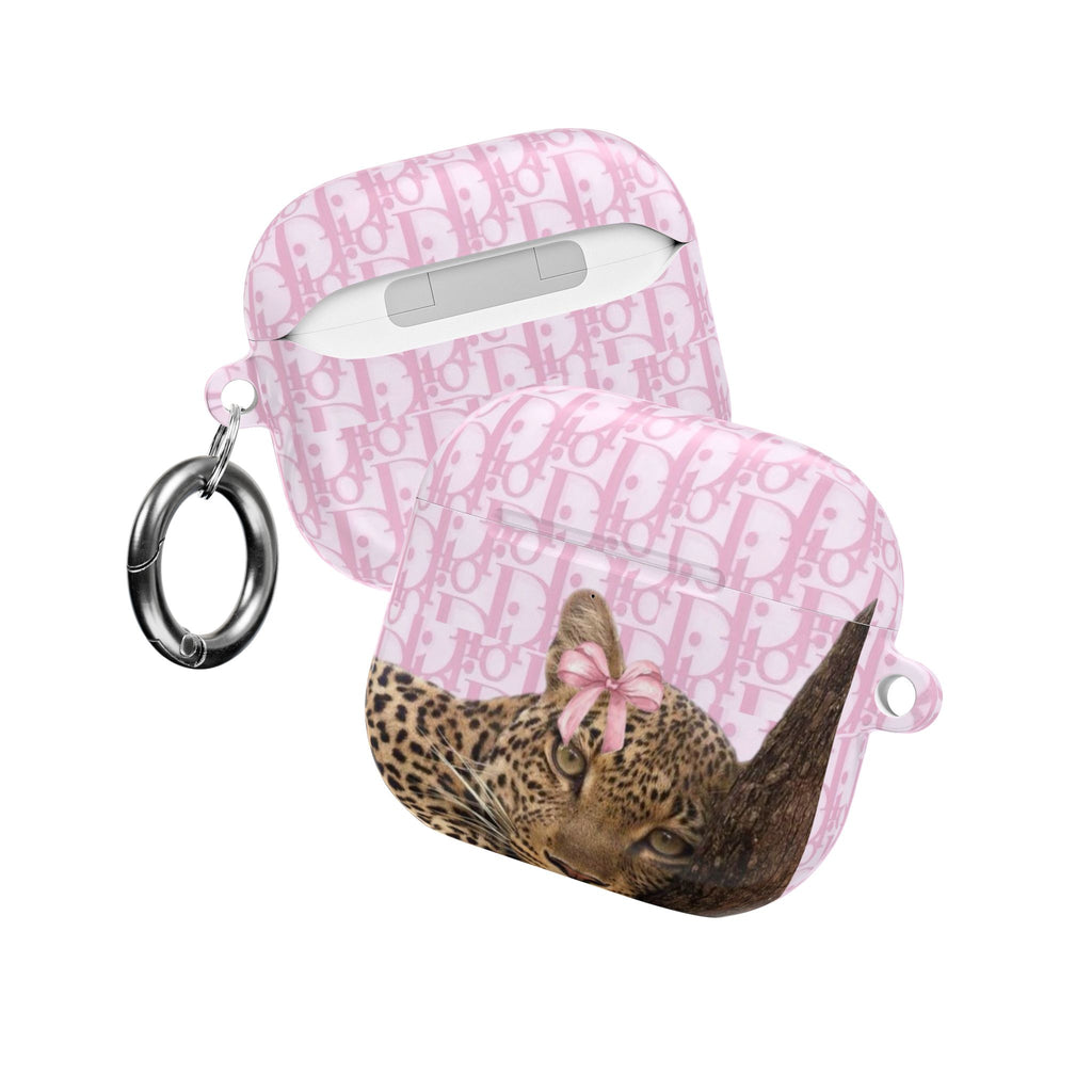 Dior leopard AirPods case, pink monogram design, with metal keyring loop