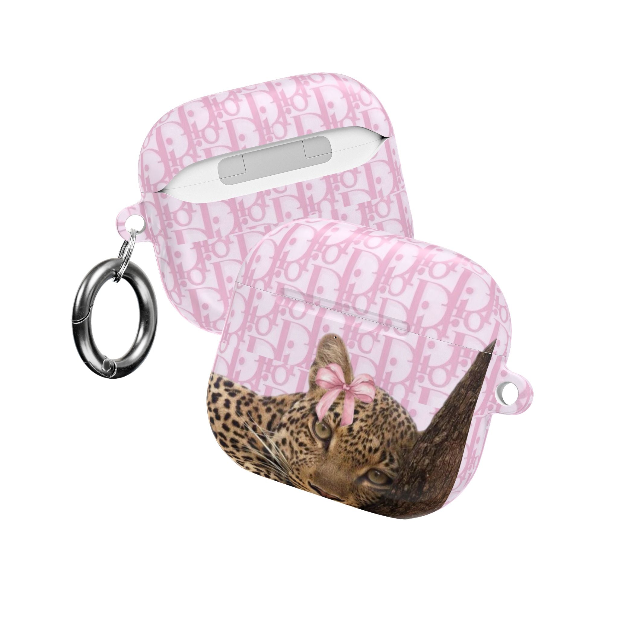 Dior leopard AirPods case, pink monogram design, with metal keyring loop