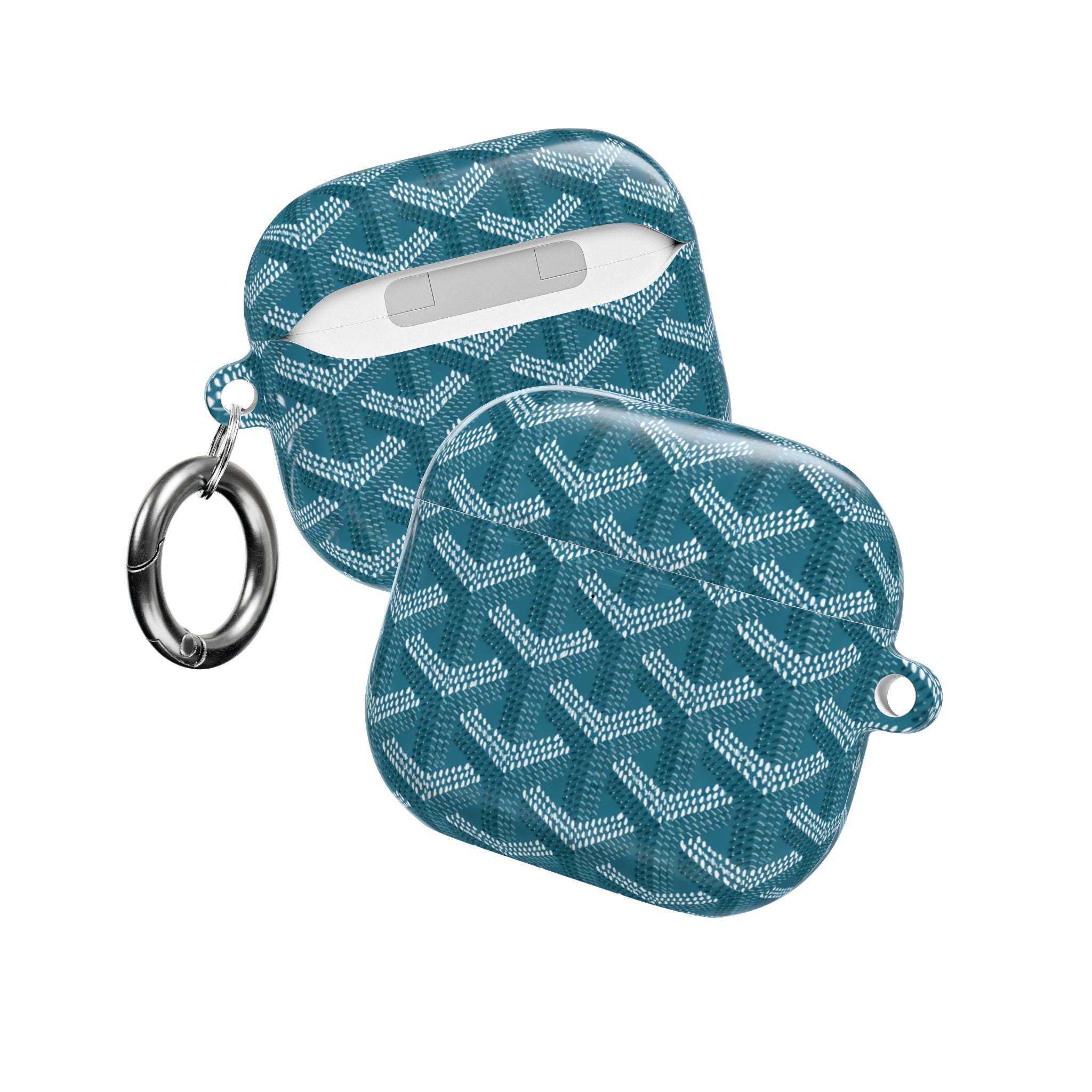 Teal Goyard AirPods case open and closed, white earbuds and metal keyring