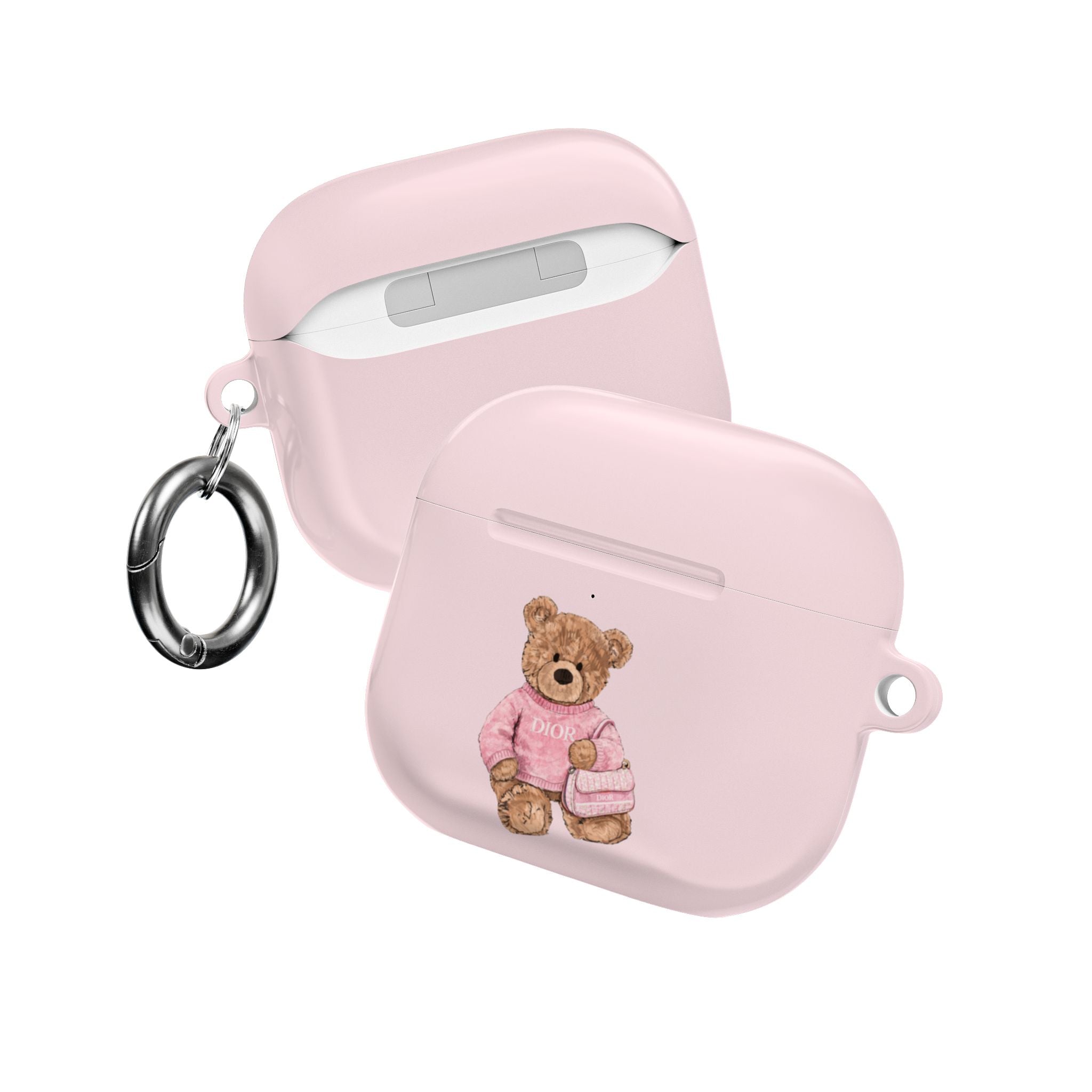 Pink Dior AirPods case with teddy bear graphic and side key ring
