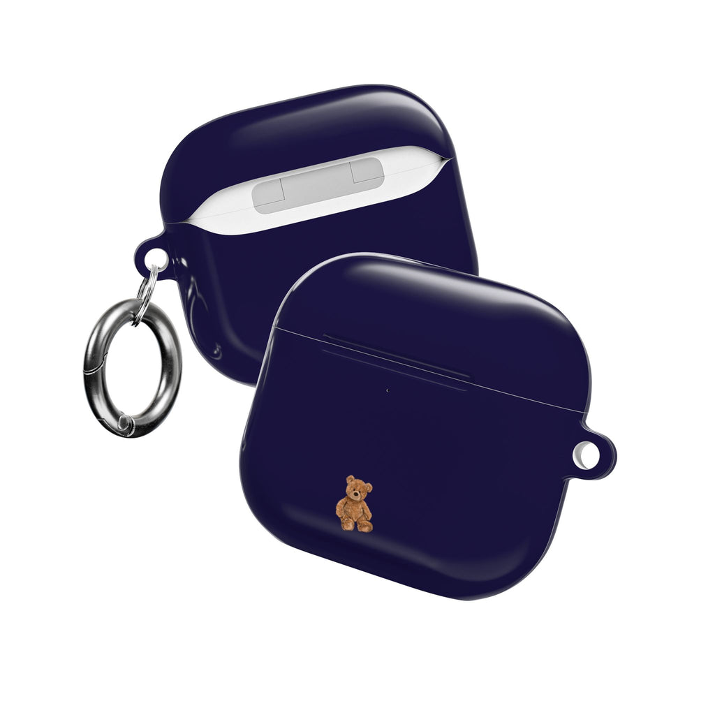 Navy mini AirPod case pair with teddy bear charms and silver keyring clips
