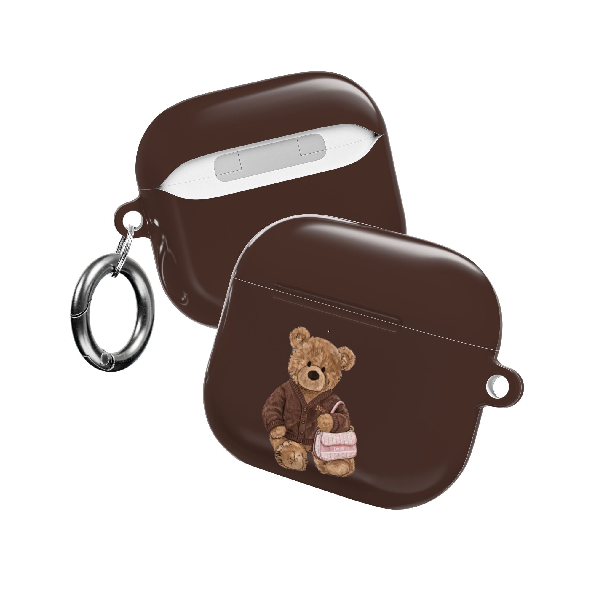 Two brown AirPods cases with teddy bear appliqué and metal keyrings