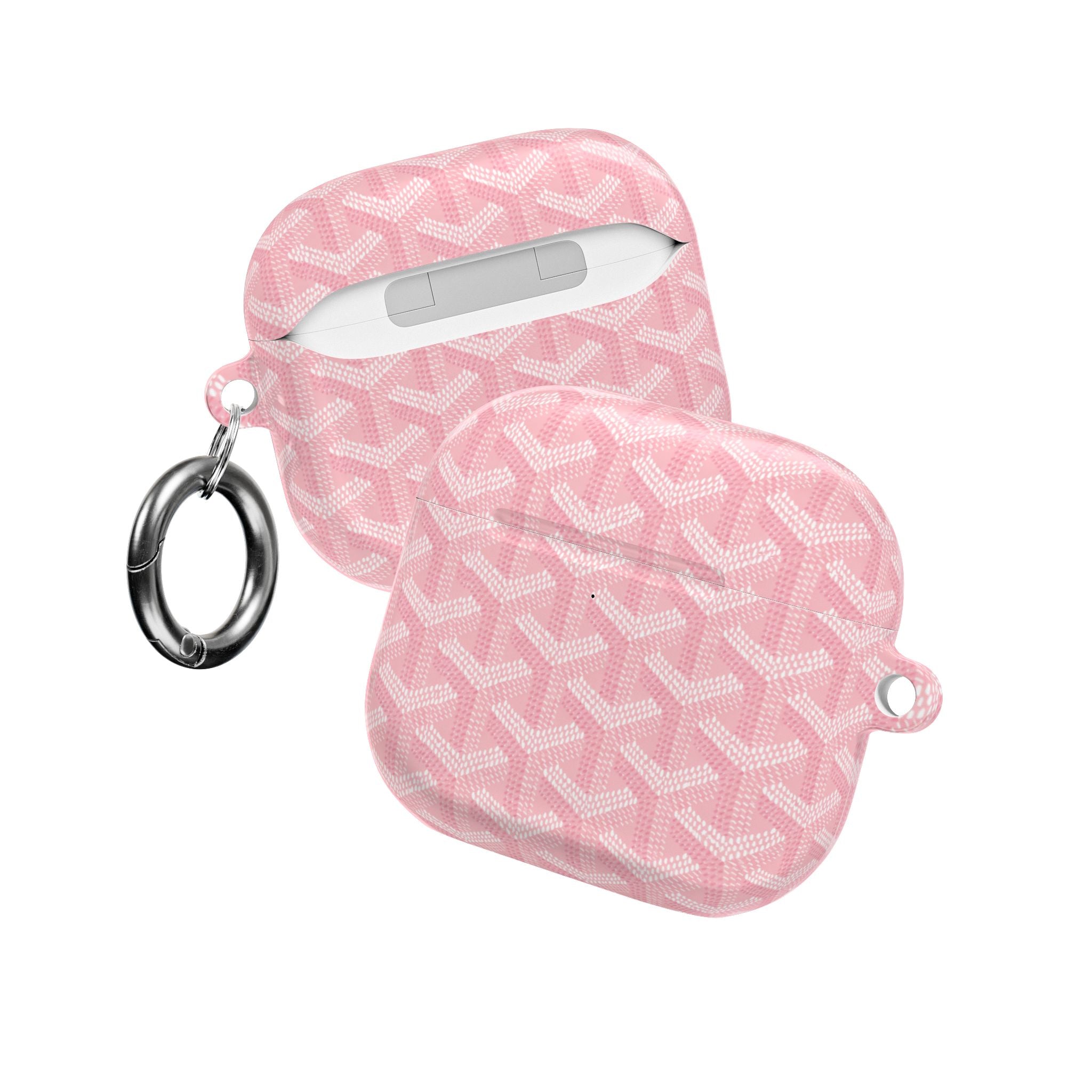 Pink AirPod case with white Goyard pattern, keyring on side, open top