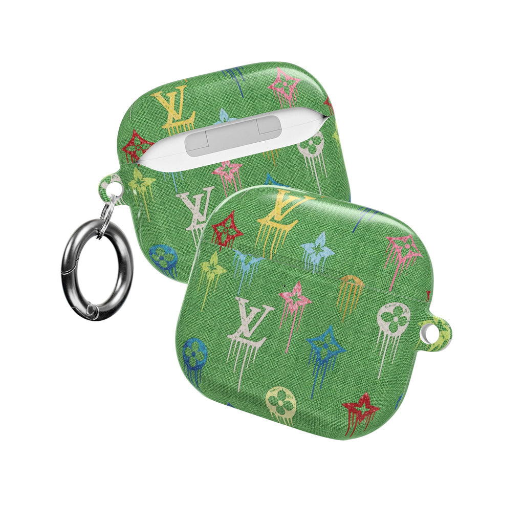 Green LV watercolor AirPod case with open lid and silver key ring