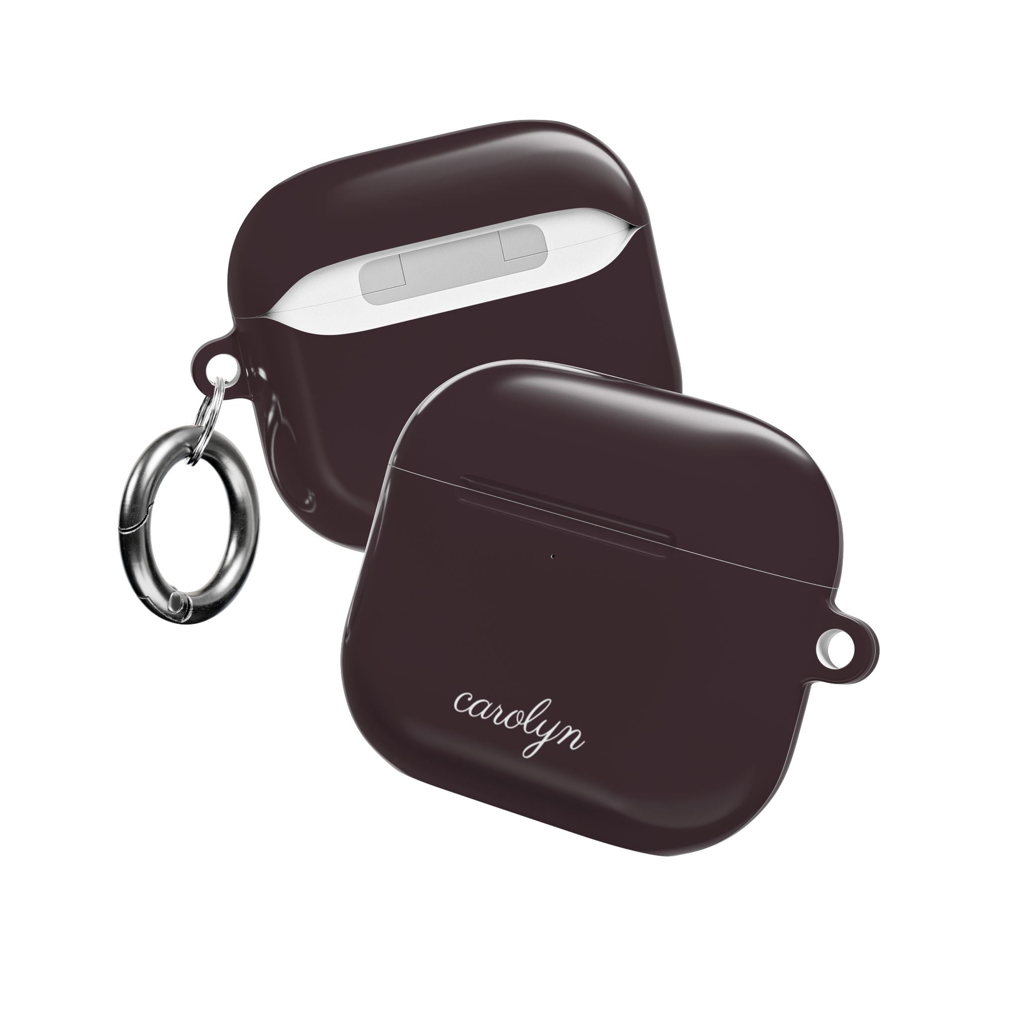 Plum AirPods case with white 'carolyn' name, side ring attachments visible