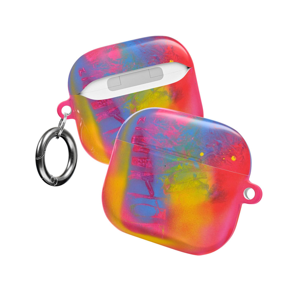 Mirage Glow AirPods case with rainbow holographic finish, open lid and metal keyring